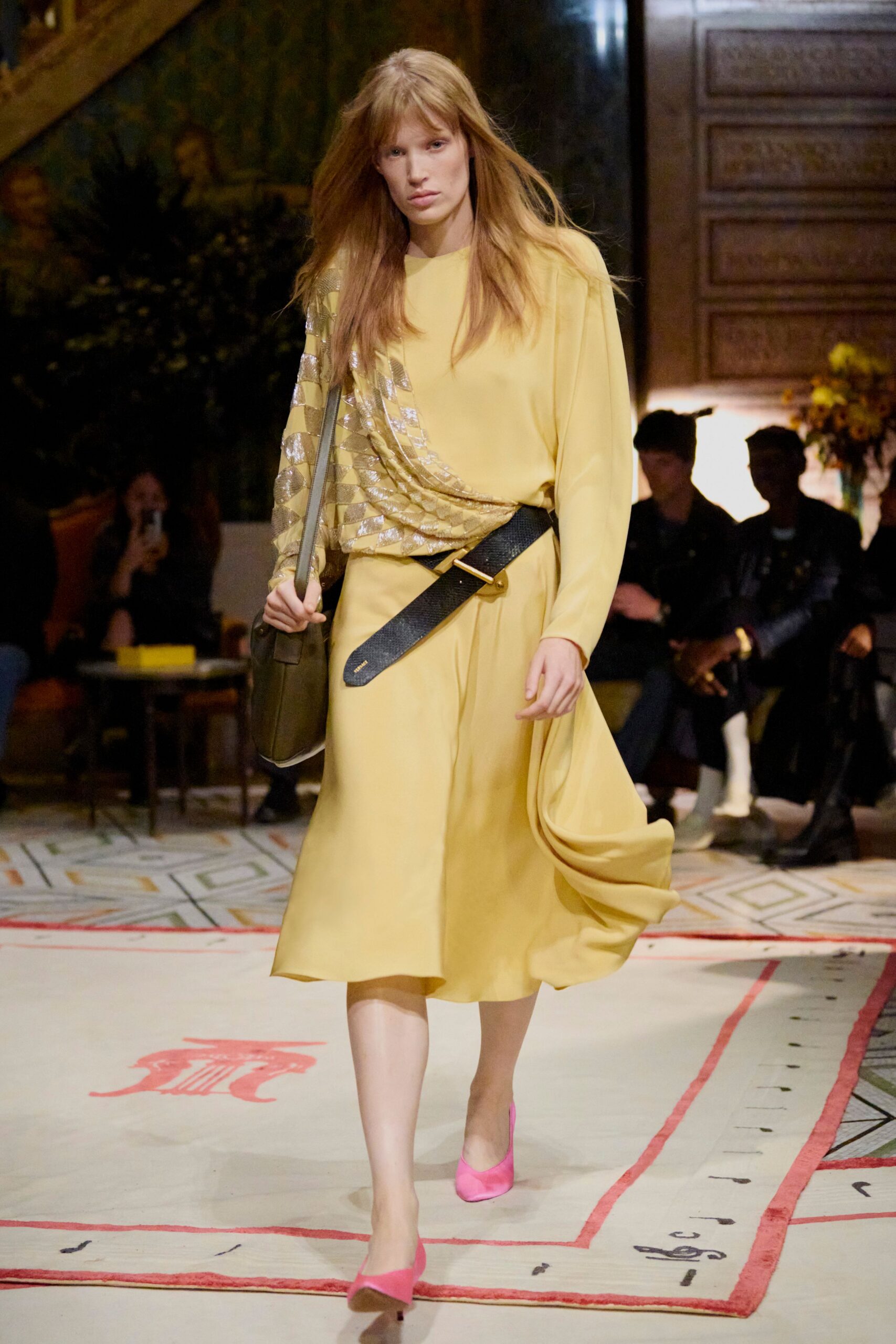 yellow silk long-sleeve v-neck relaxed draped midi dress