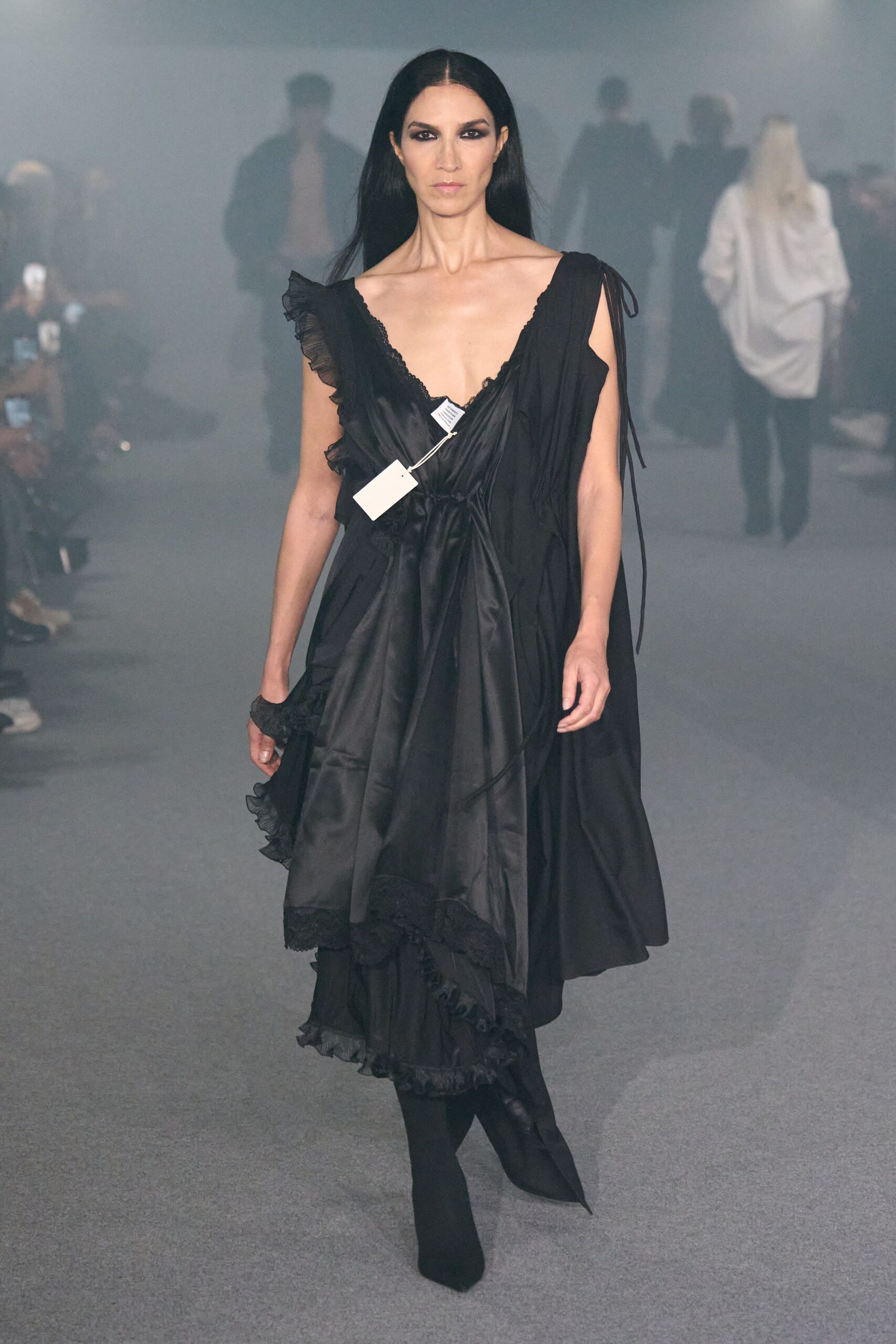 black ruffled midi dress with shoes