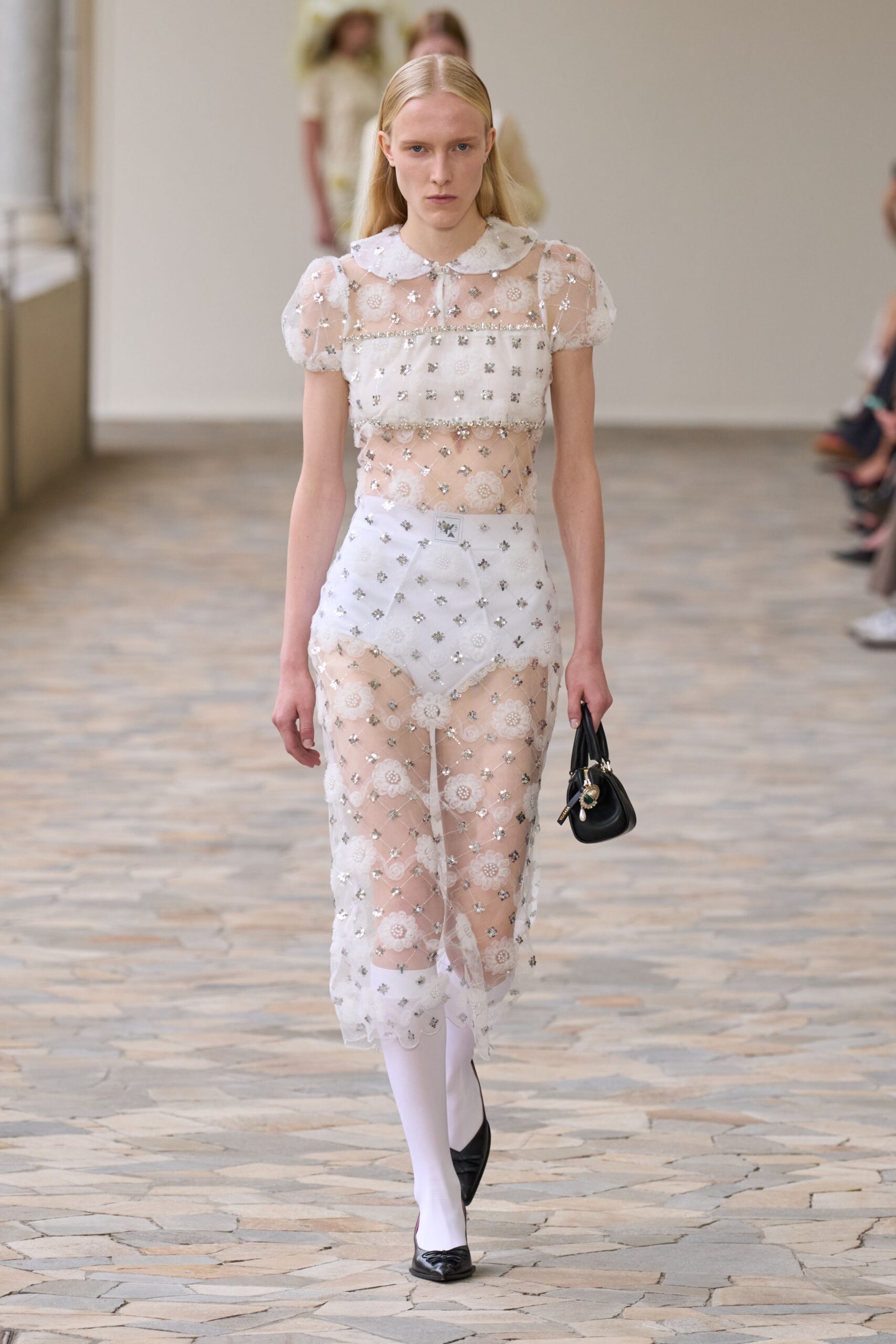 white chiffon short-sleeve collared fitted embroidered sheer top
