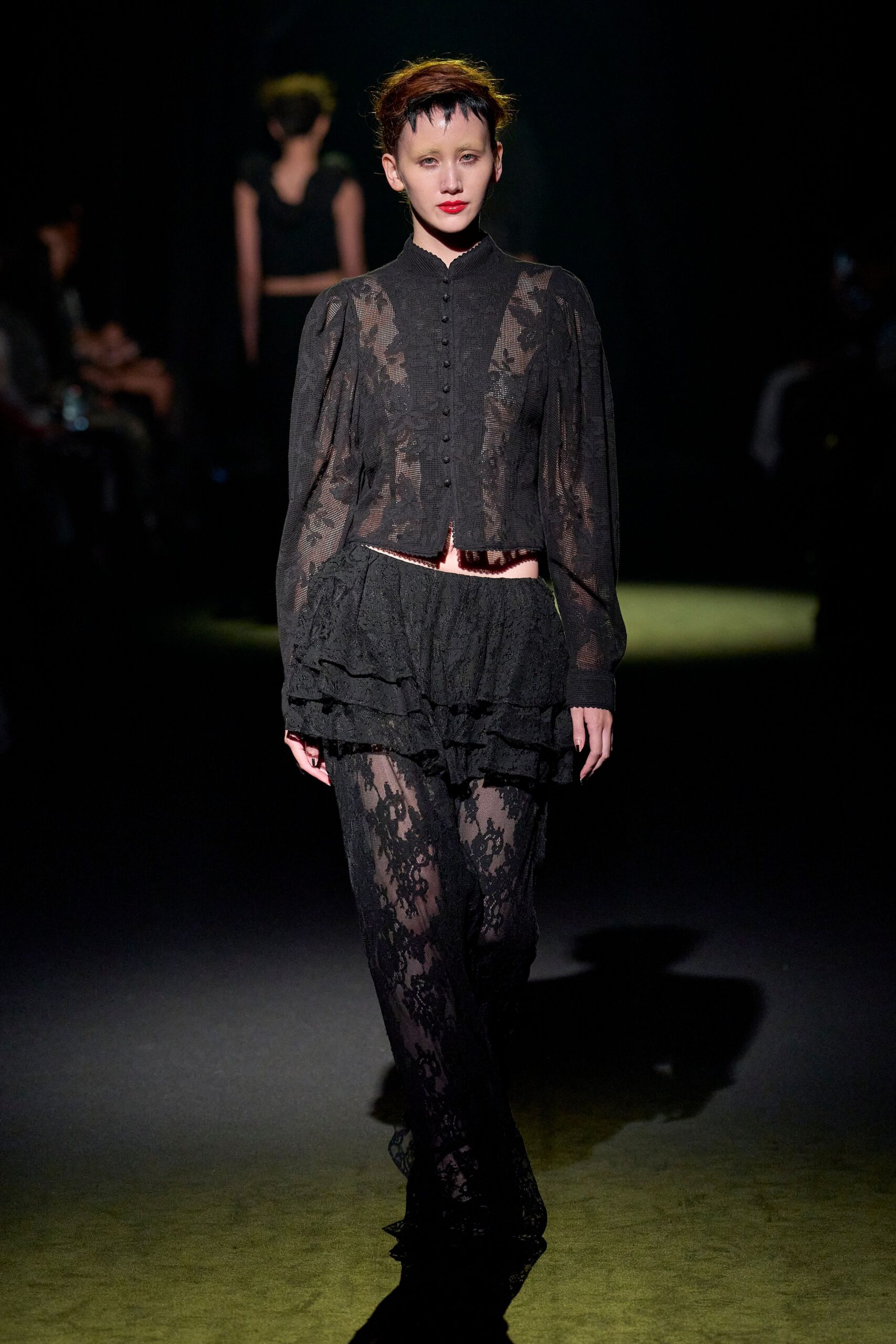 black lace long-sleeve collared fitted ruffled sheer top