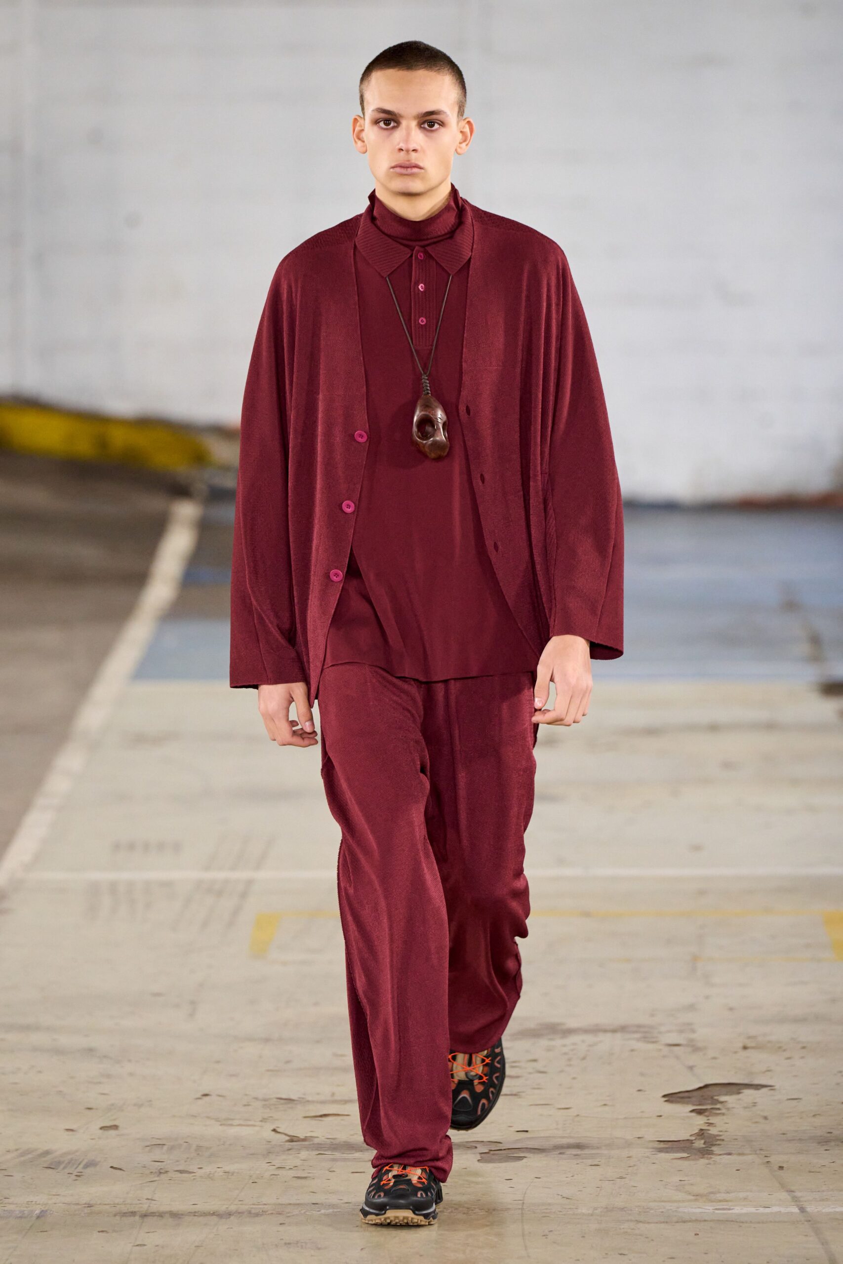 red relaxed suit with shoes