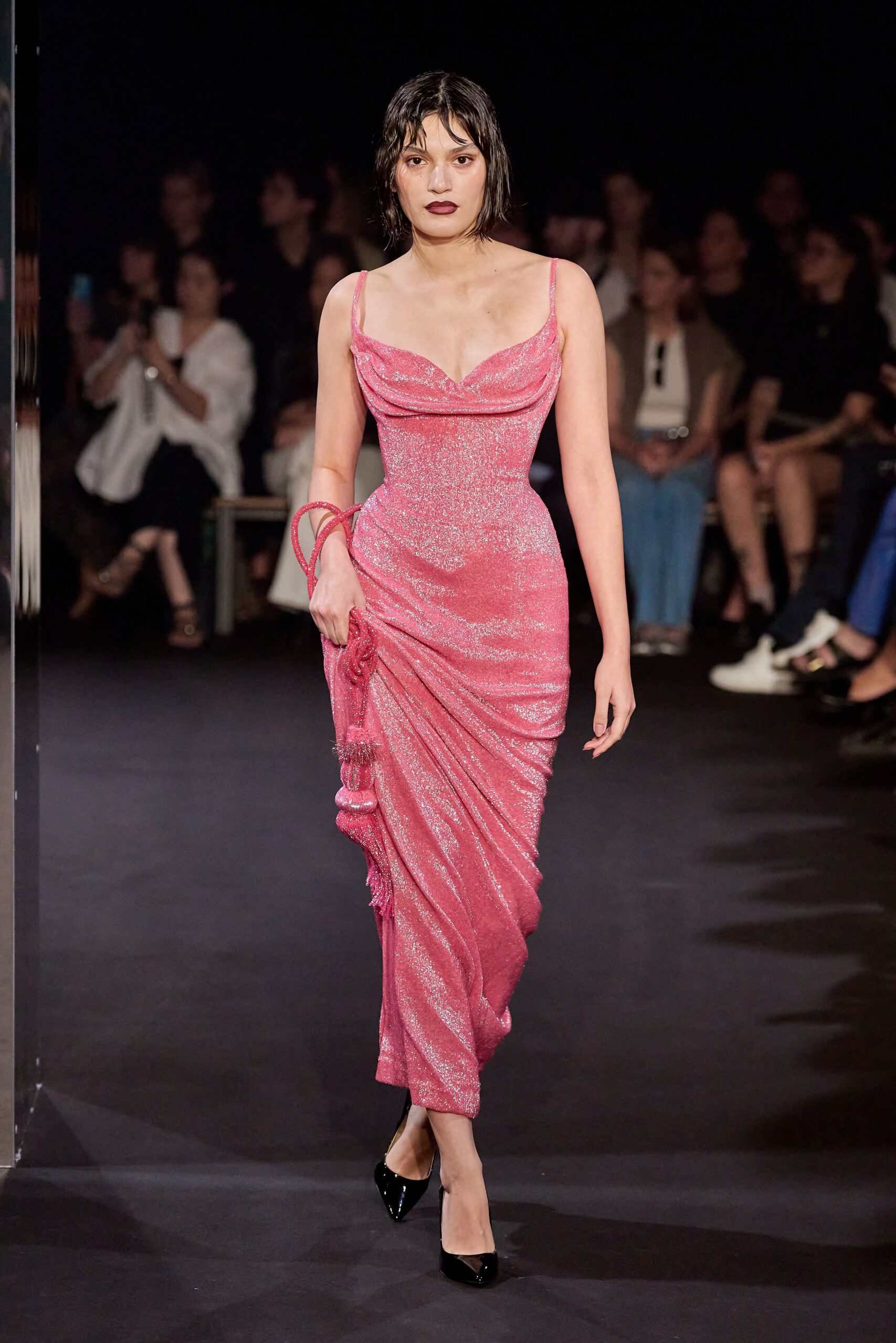 fitted pink midi dress with heels