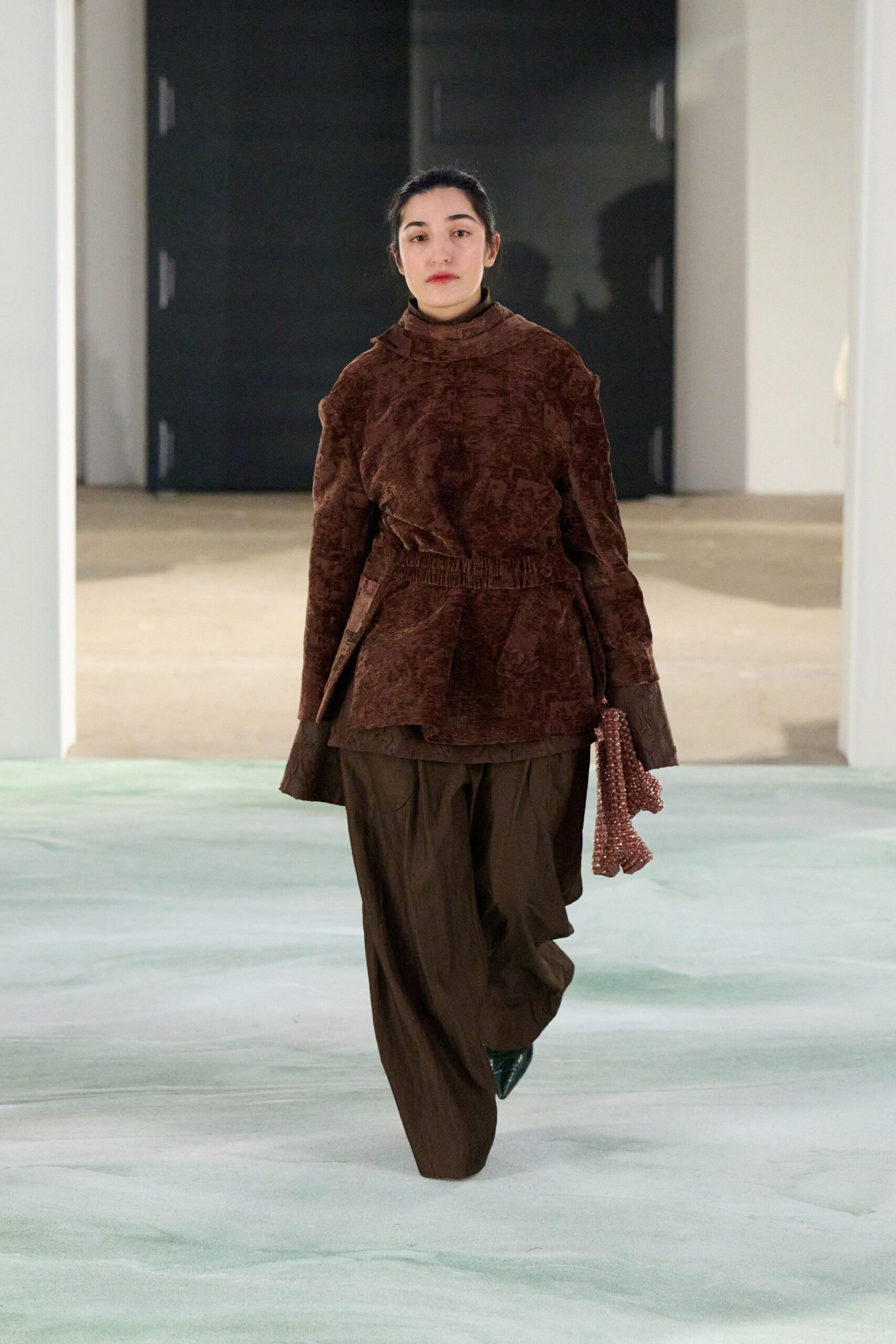 brown velvet long-sleeve high-neck relaxed textured top