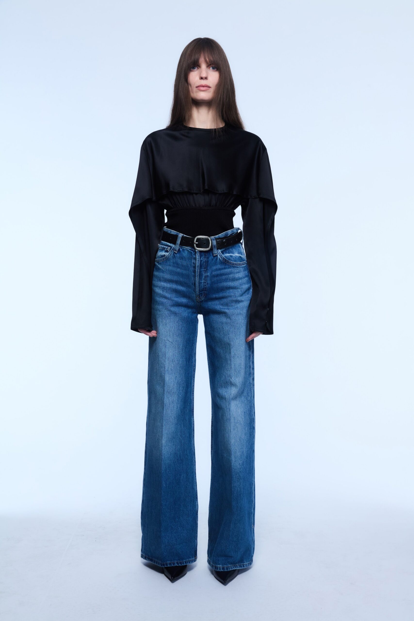 black silk long-sleeve high-neck fitted draped top