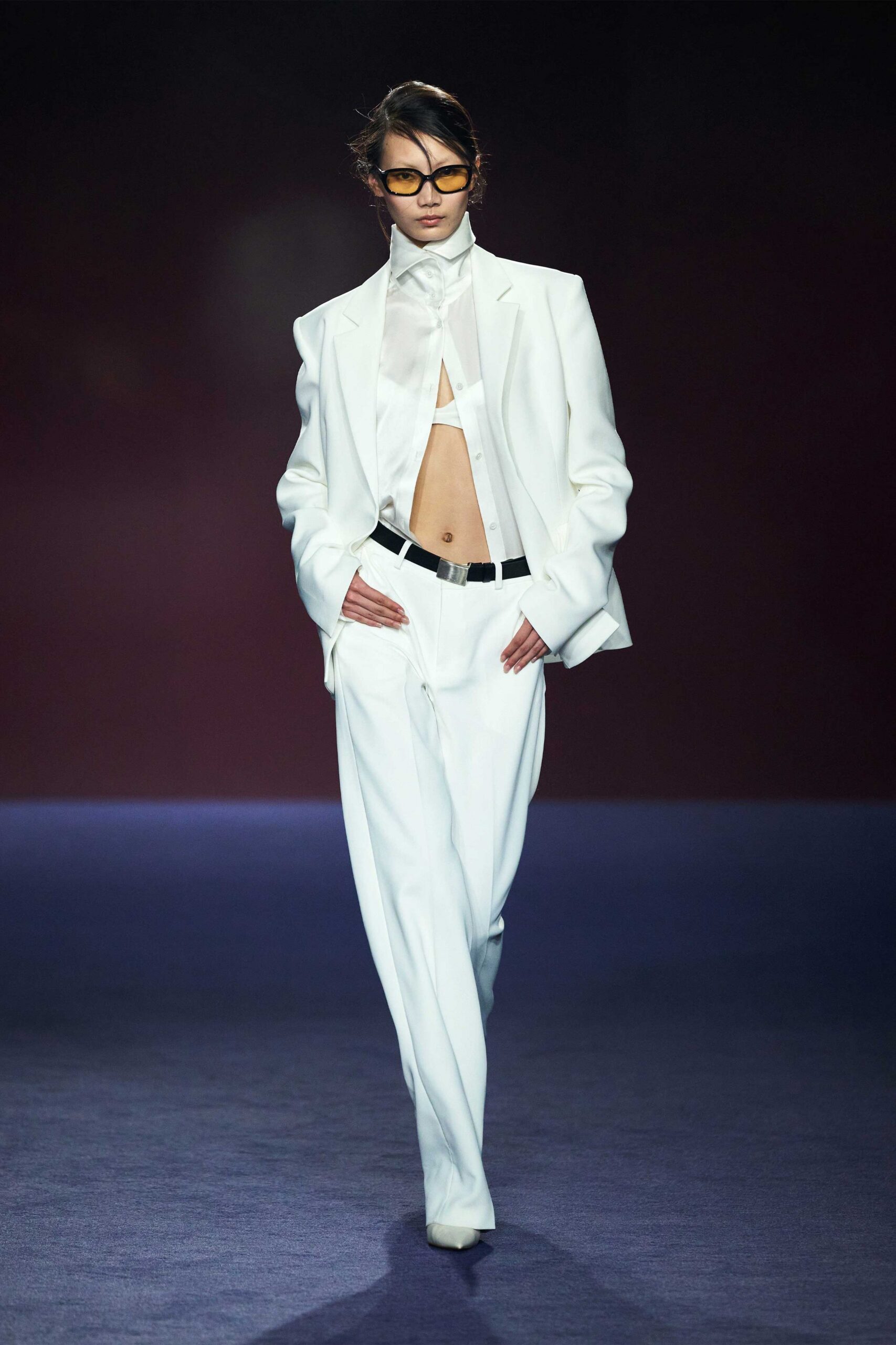 white silk long-sleeve collared tailored buttoned suit