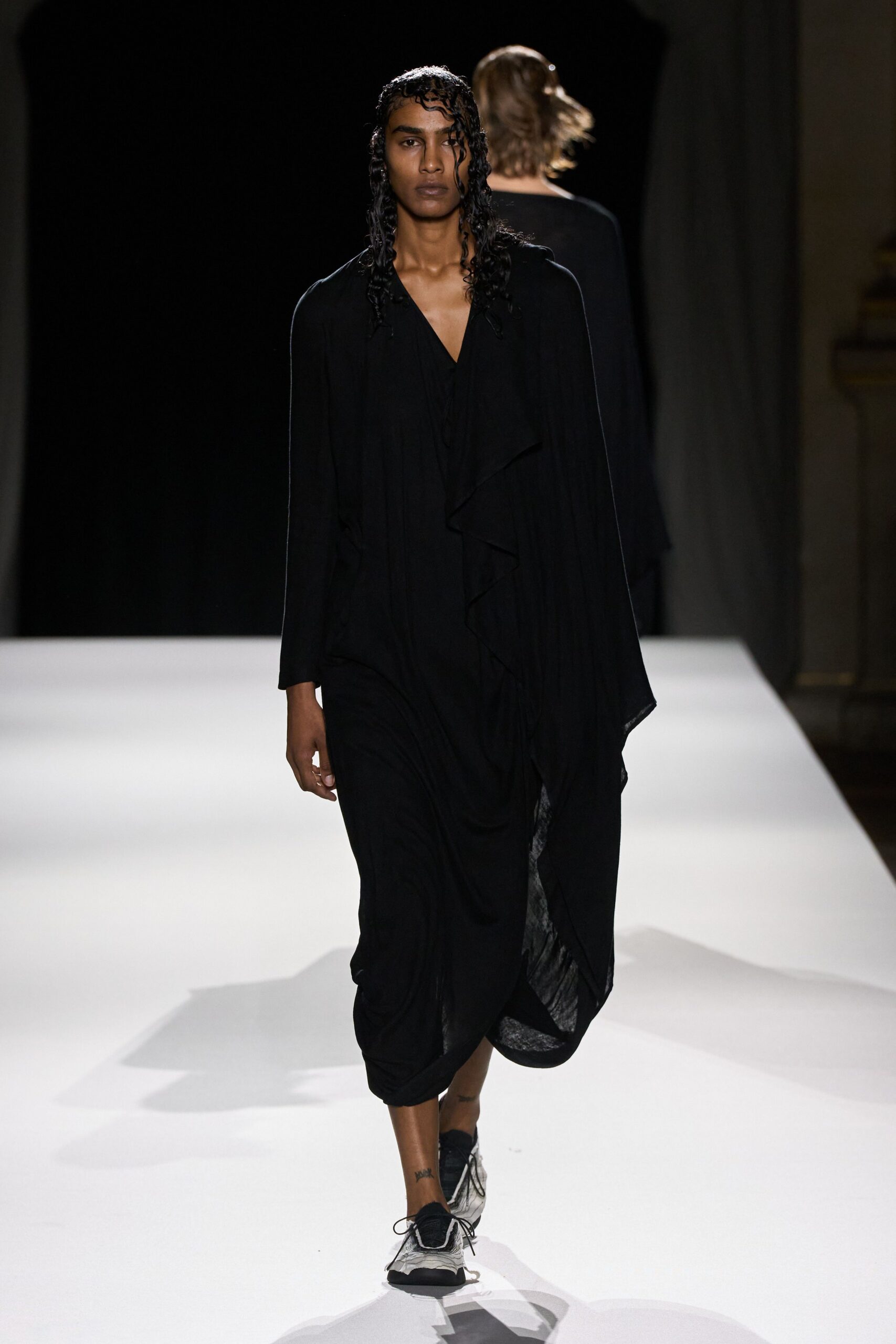 black cotton long-sleeve v-neck relaxed draped flowing dress