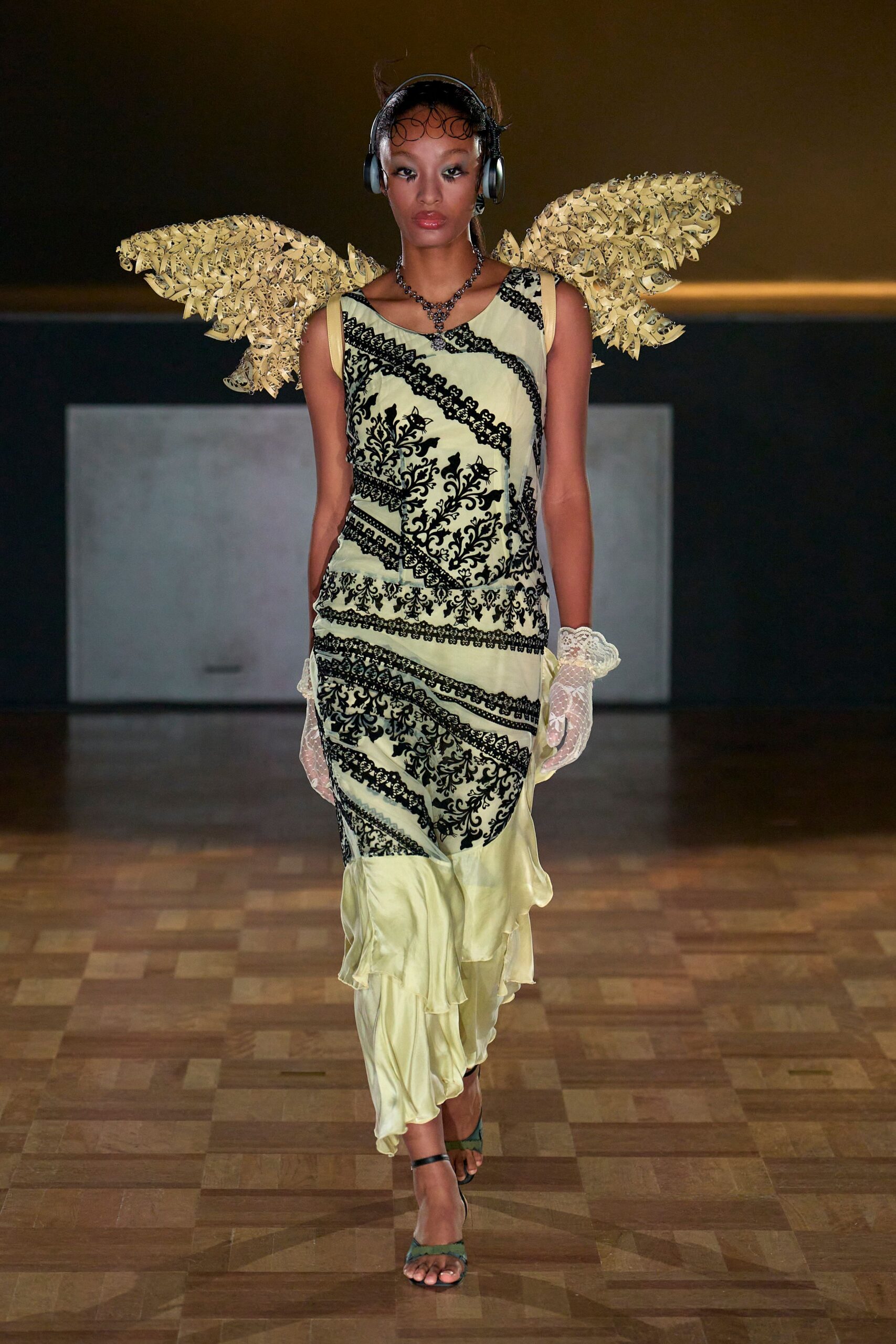 yellow silk sleeveless v-neck fitted ruffled embroidered dress