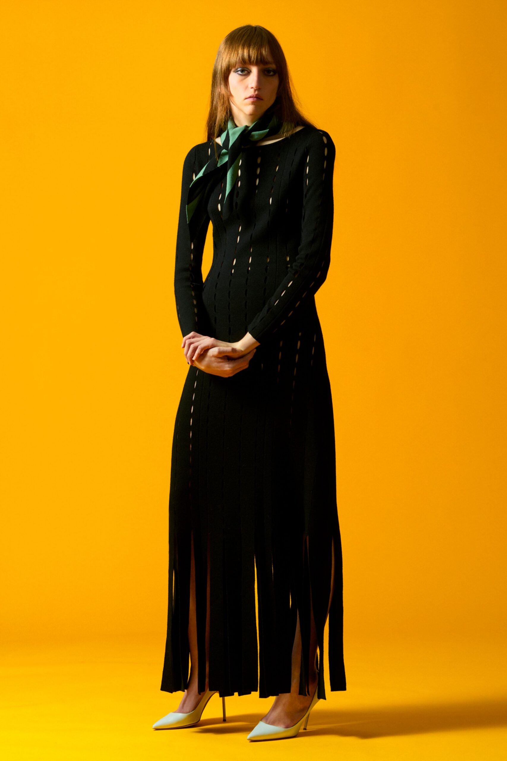 black maxi dress with green scarf