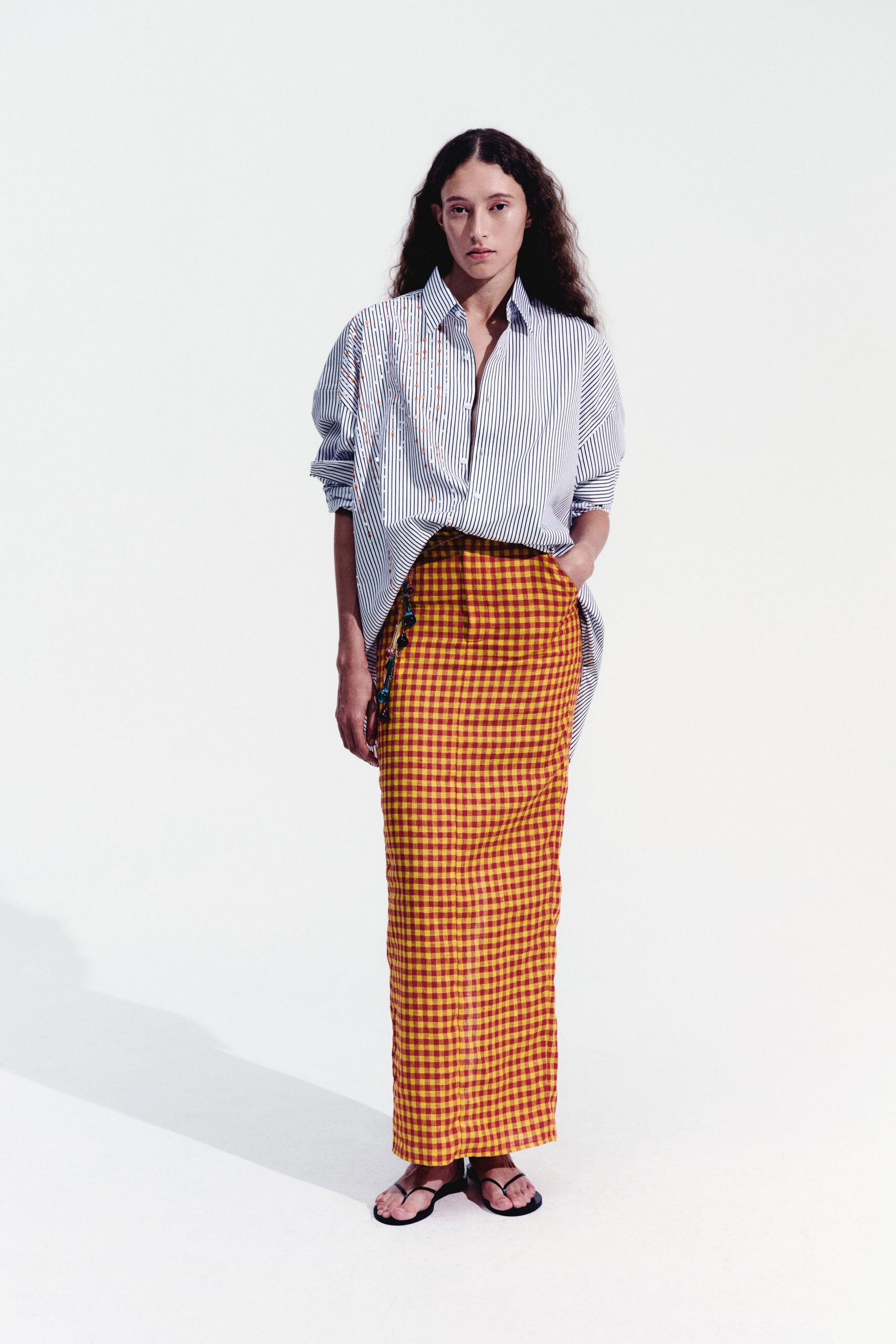orange cotton fitted checked maxi skirt