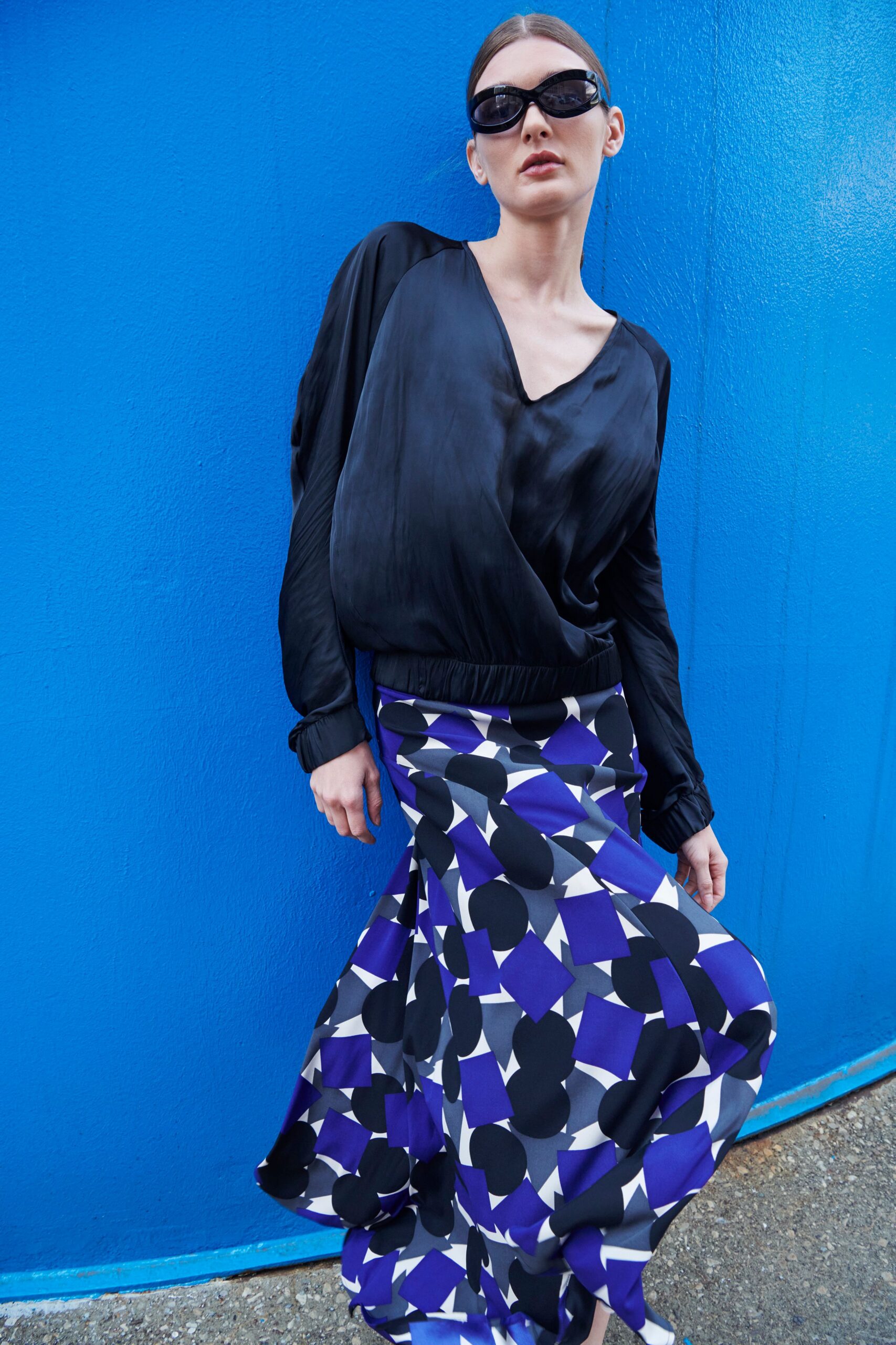 black silk top with printed maxi skirt