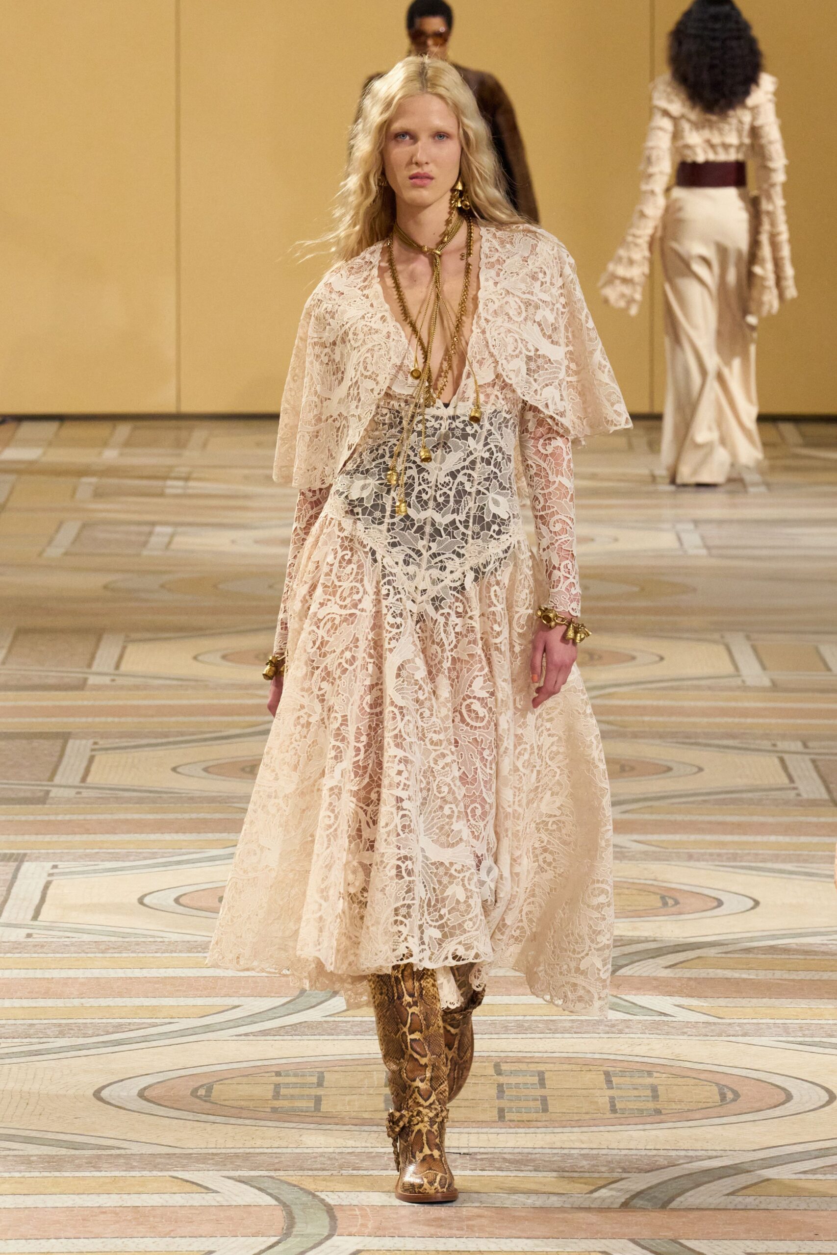 beige lace long-sleeve v-neck fitted layered embroidered dress