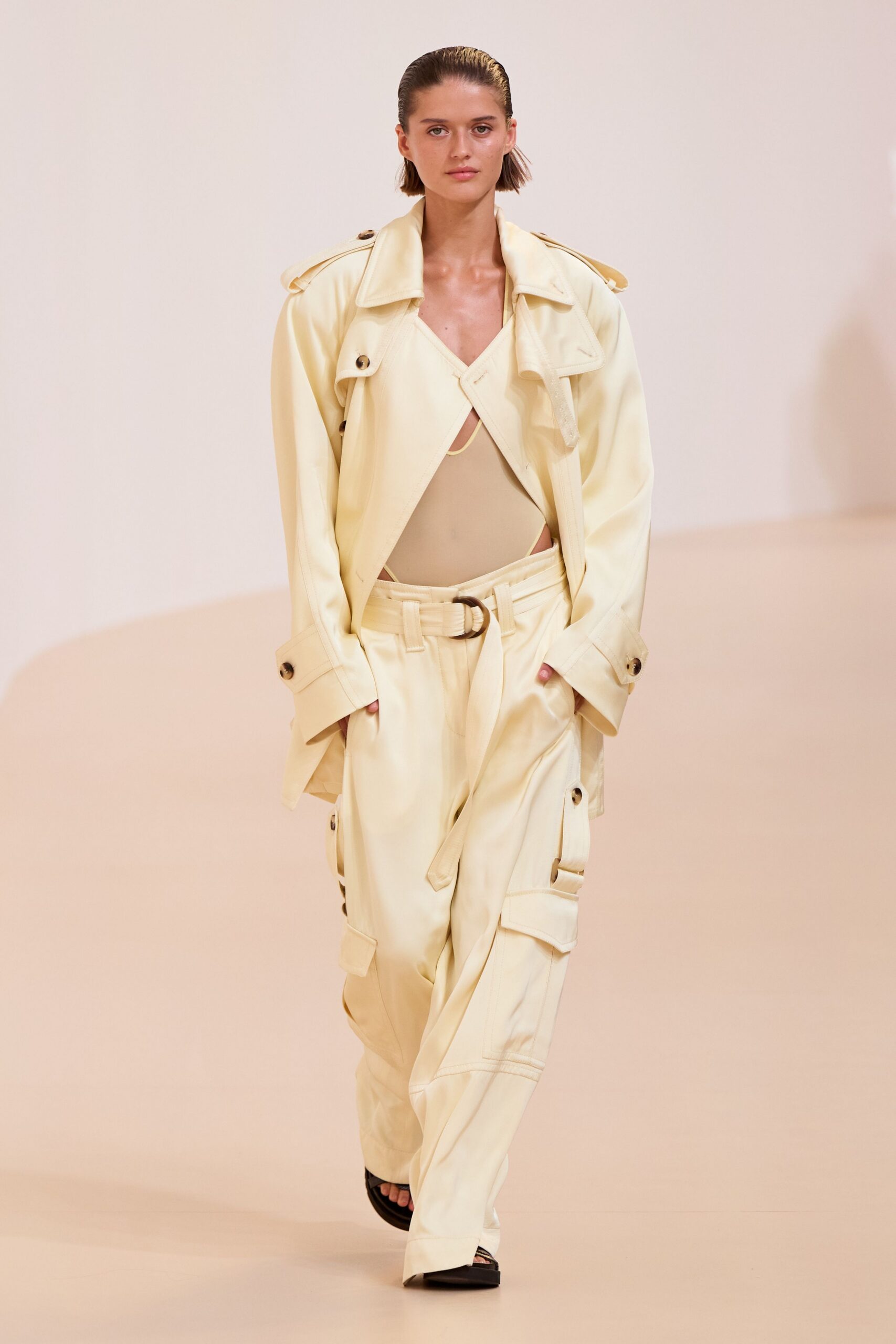yellow cotton long-sleeve collared relaxed zippered buttoned trench
