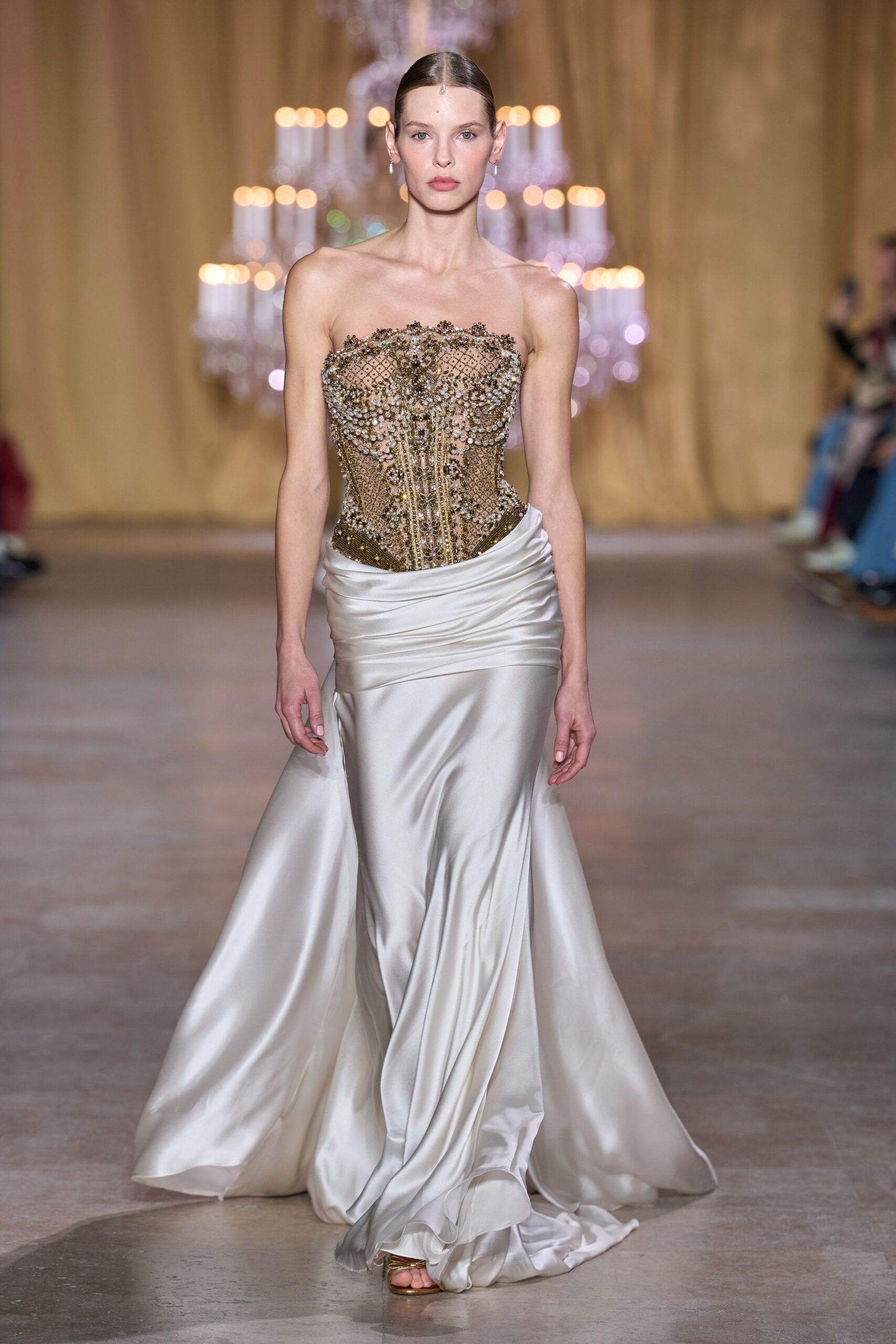 gold embellished strapless gown