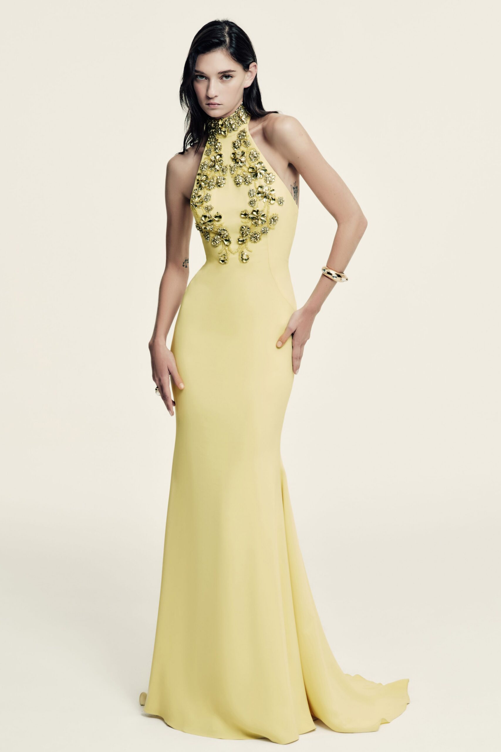 yellow silk fitted gown