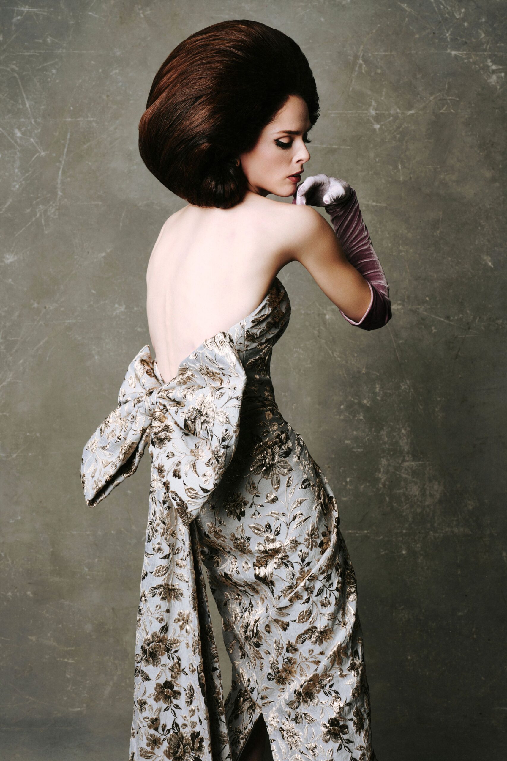 beige gold floral gown with gloves