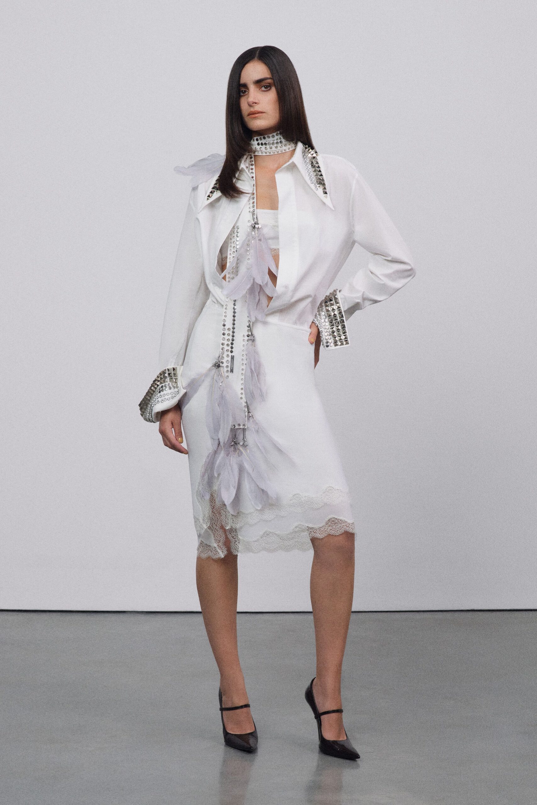 white silk long-sleeve collared fitted pleated layered dress