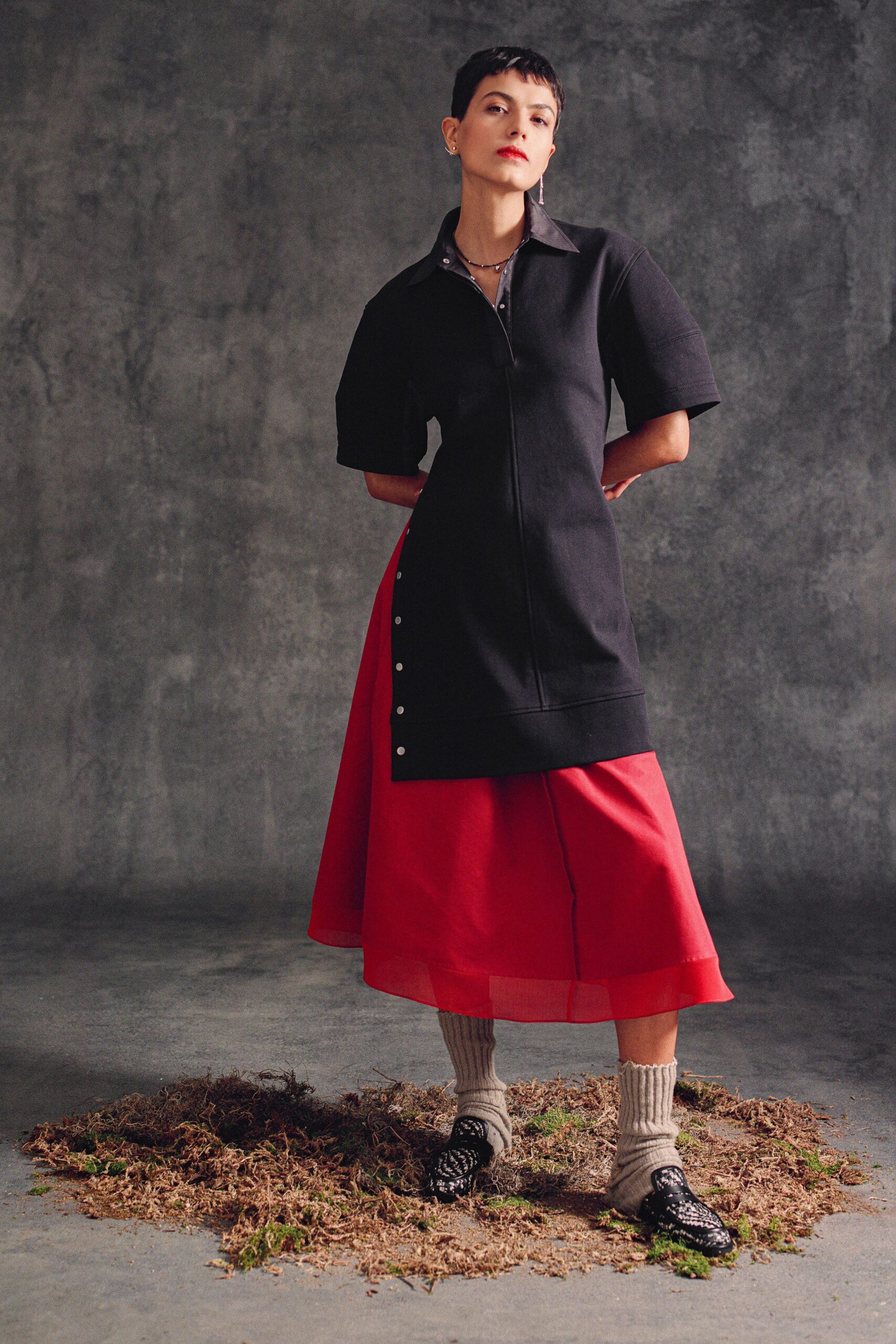 black cotton short-sleeve collared relaxed buttoned layered dress