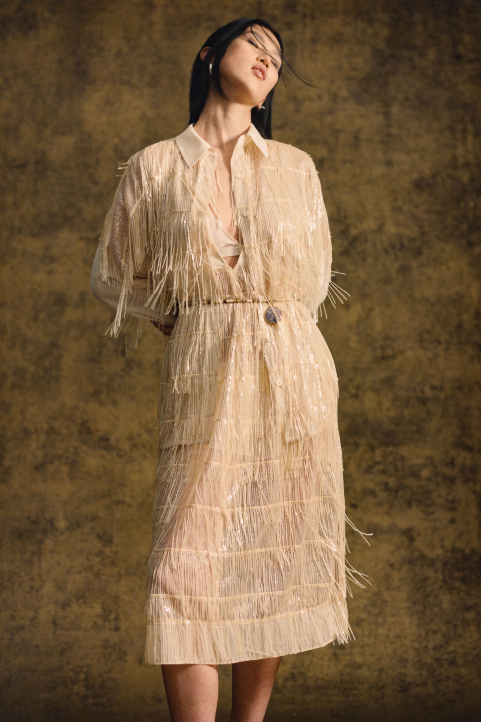 beige silk relaxed midi dress