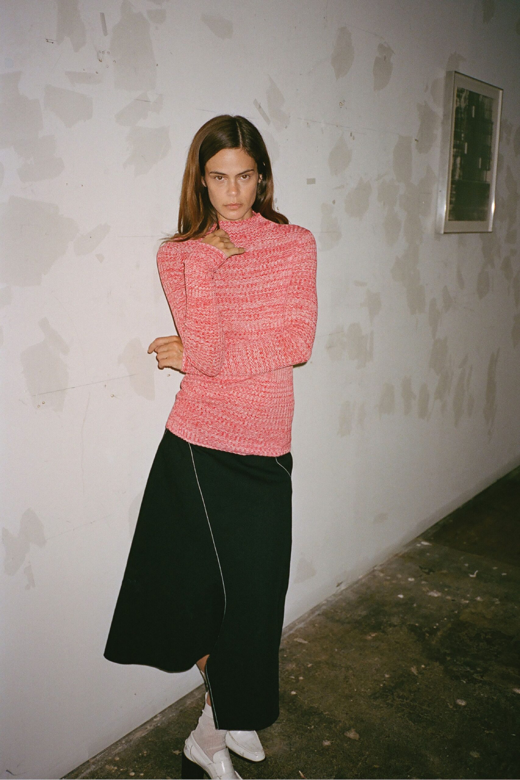 black cotton relaxed straight-leg midi skirt