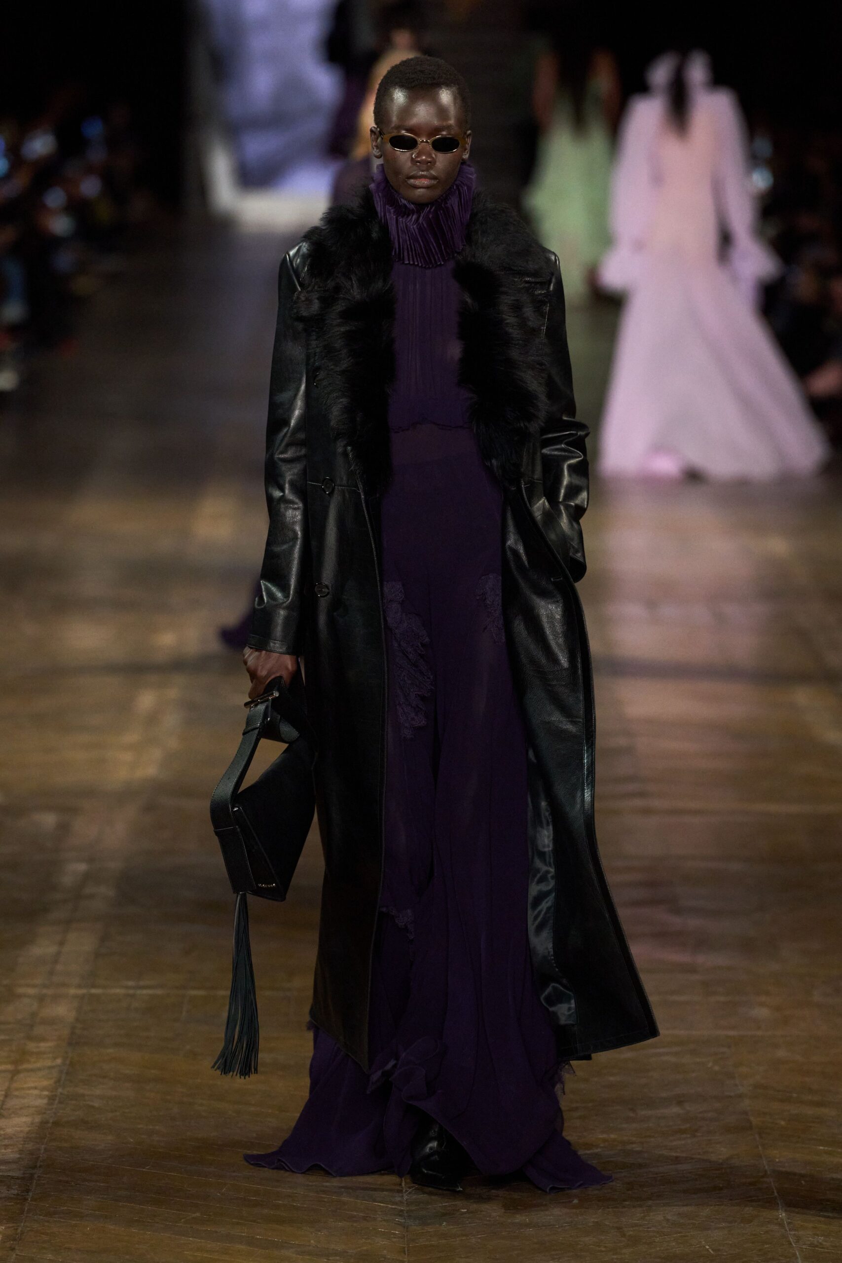 purple silk sleeveless high-neck fitted layered maxi gown