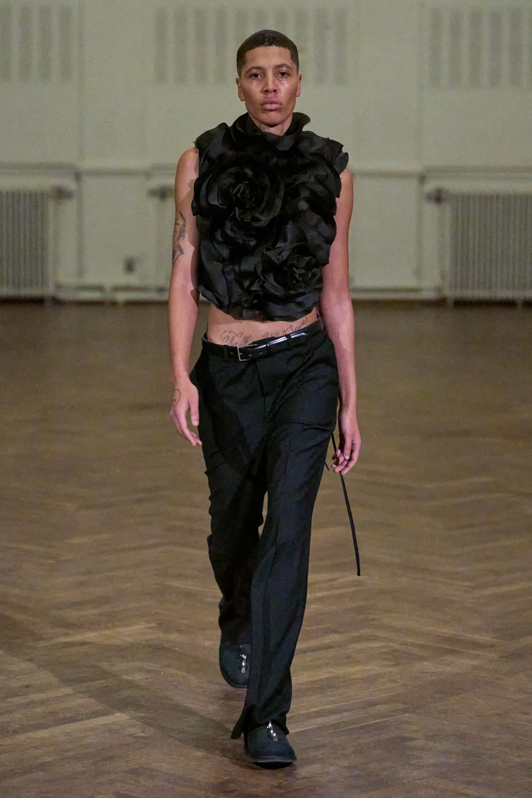 black silk sleeveless high-neck fitted ruffled cropped top