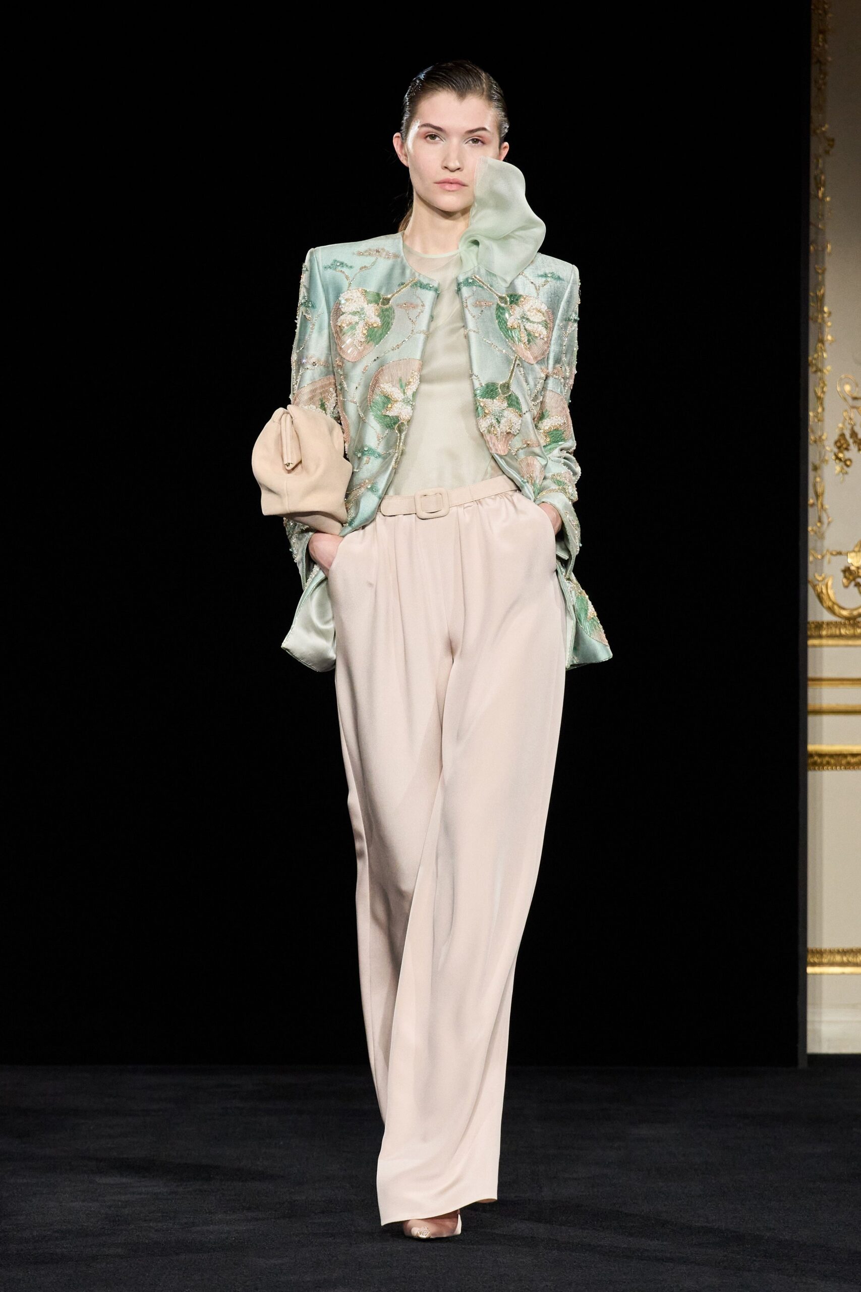 blue silk long-sleeve collared tailored embroidered blazer