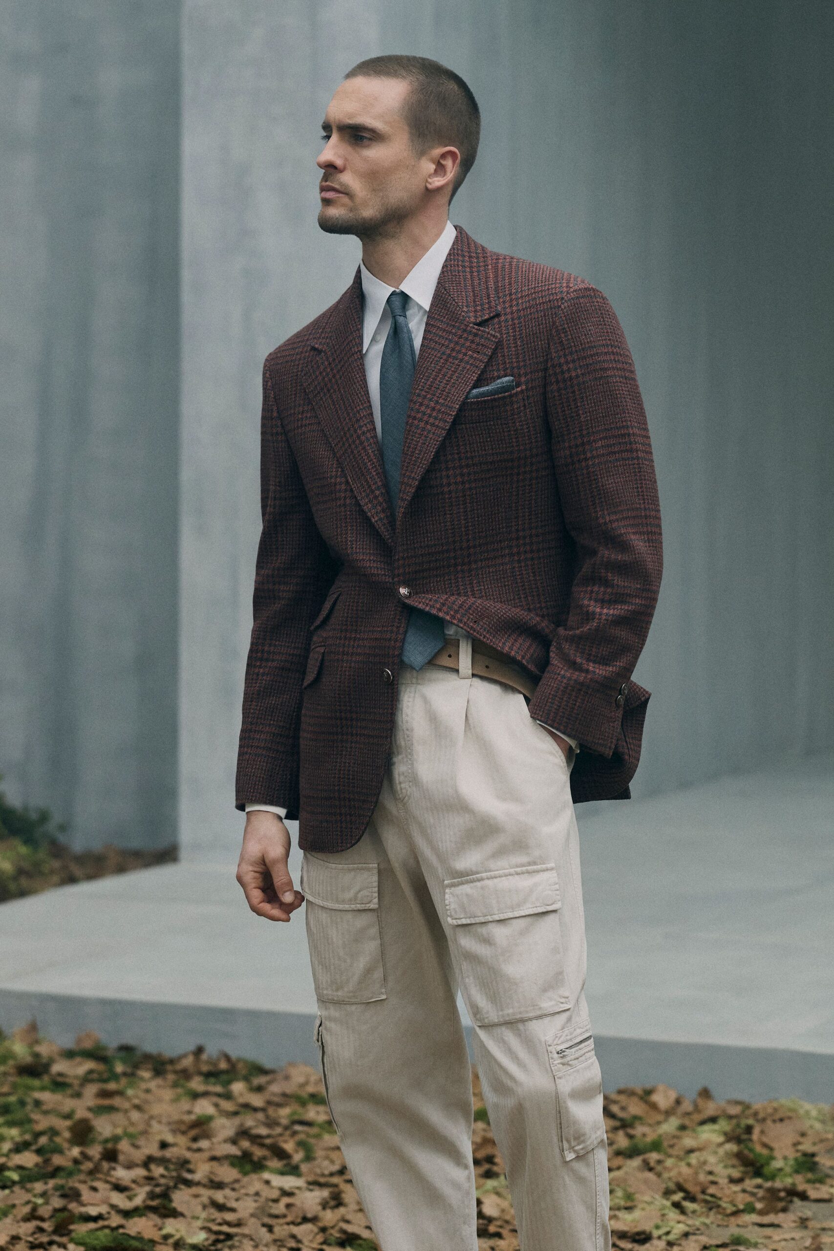 brown checked blazer with beige cargo pants
