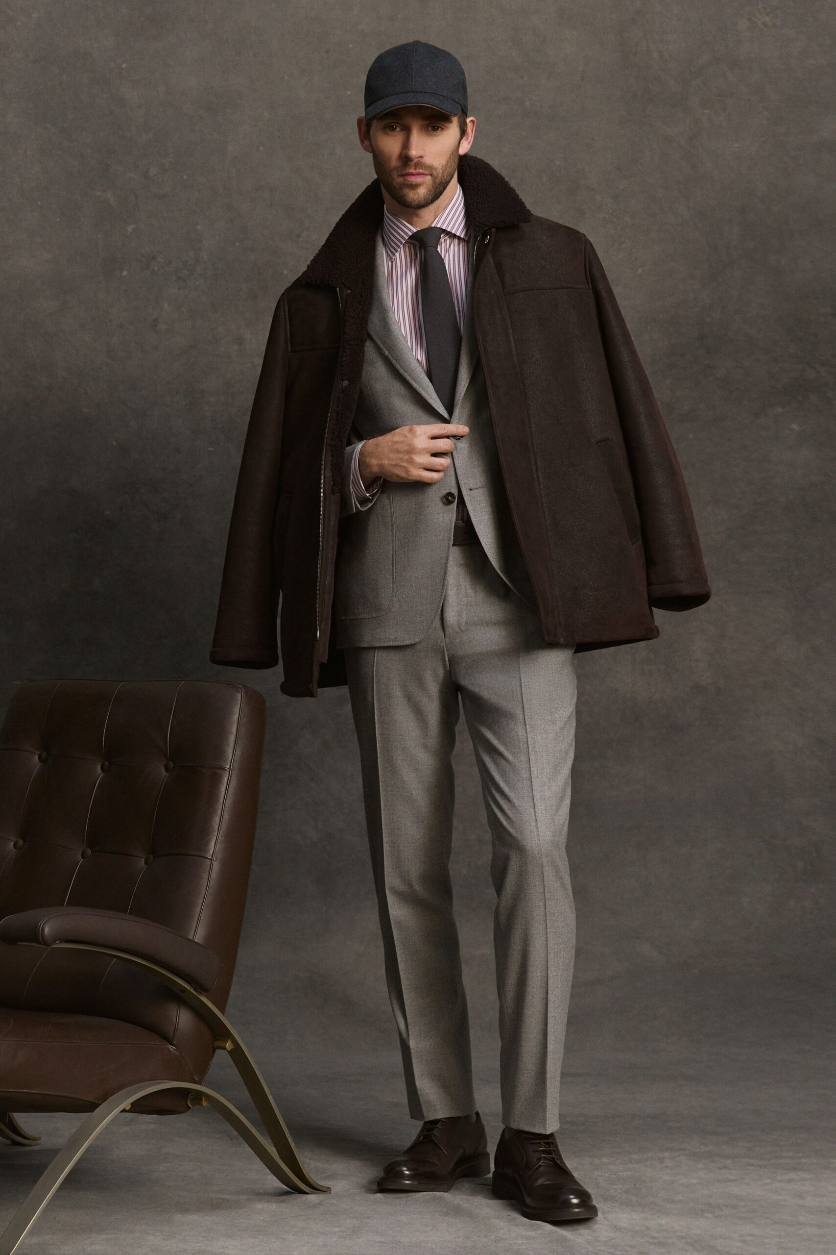 brown suede coat gray suit