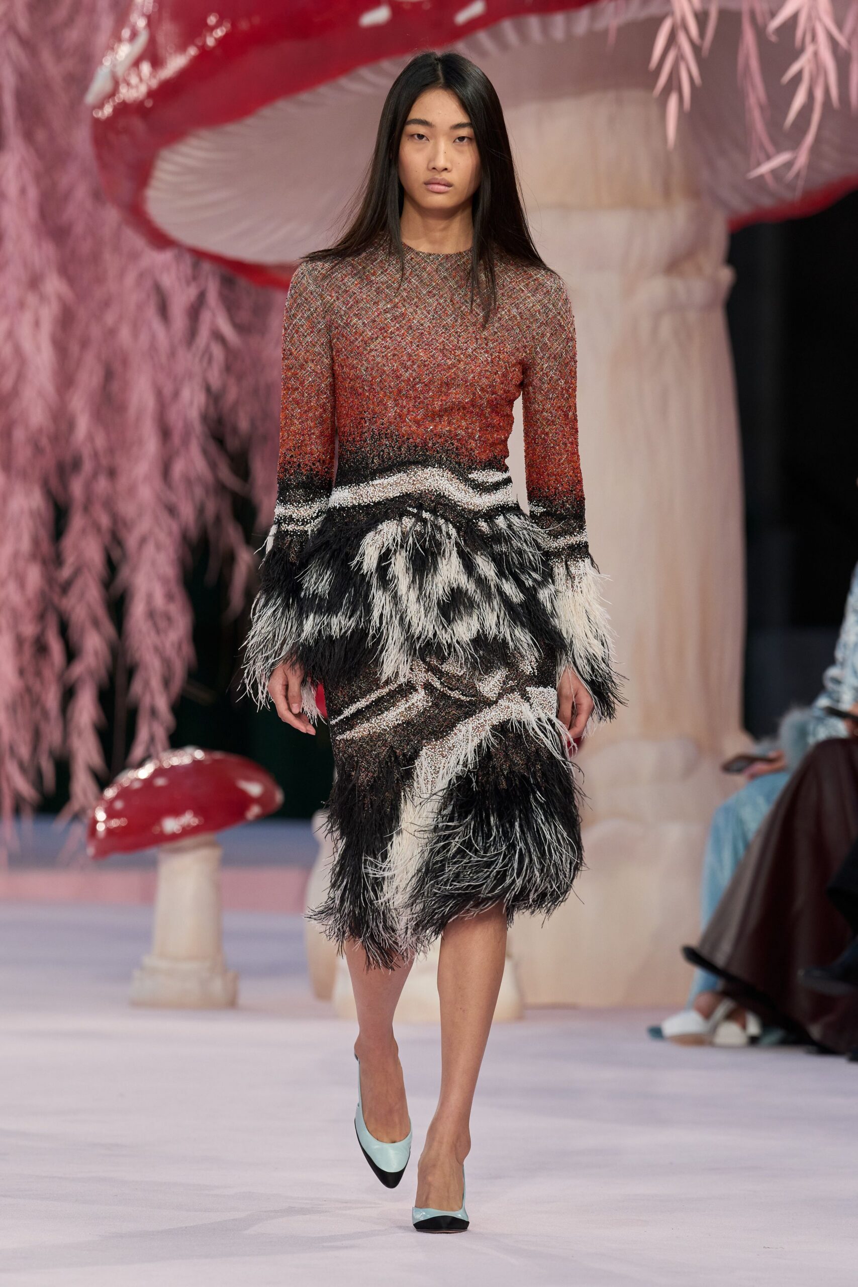 red wool long-sleeve high-neck fitted fringed layered dress