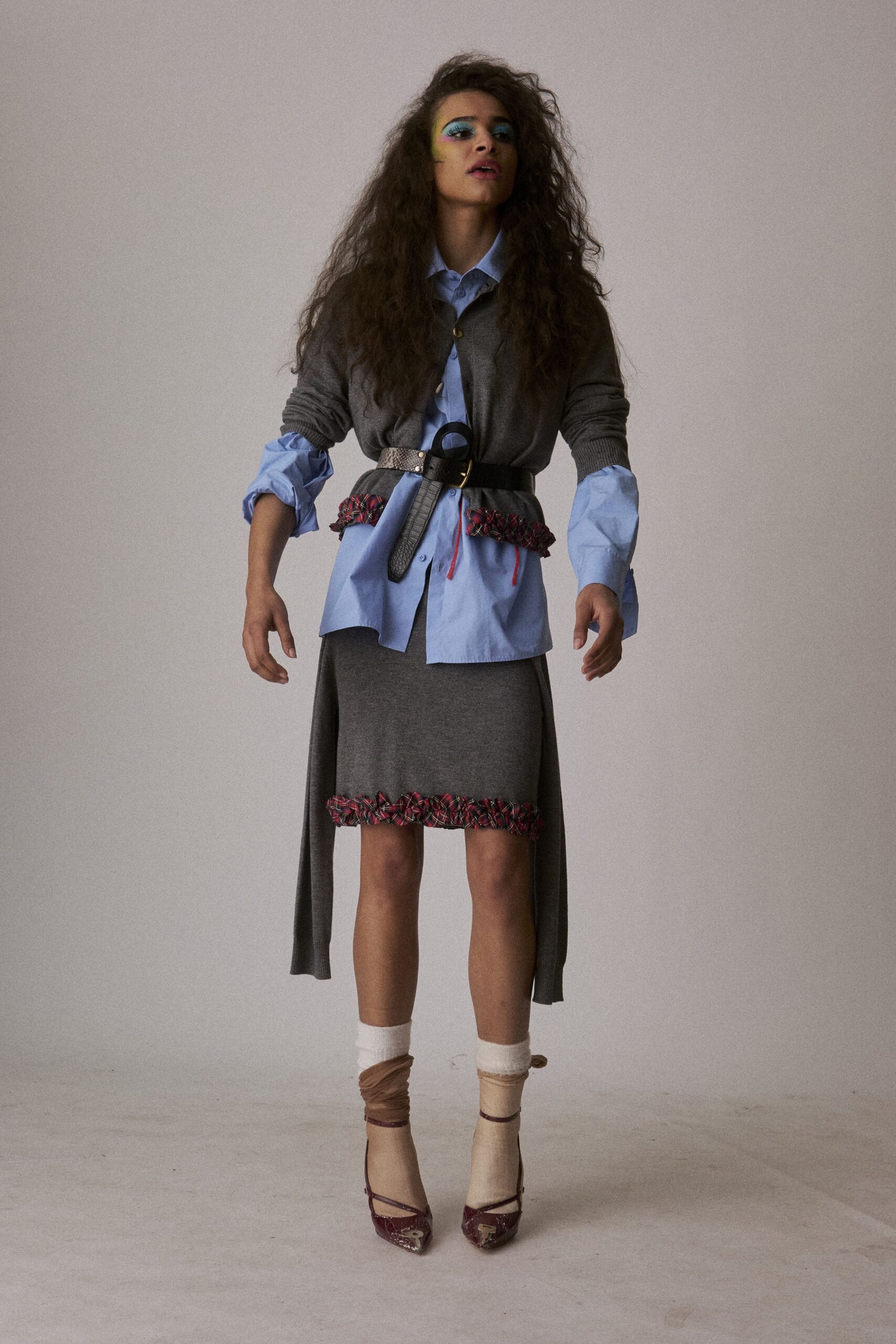 gray cotton fitted tiered skirt