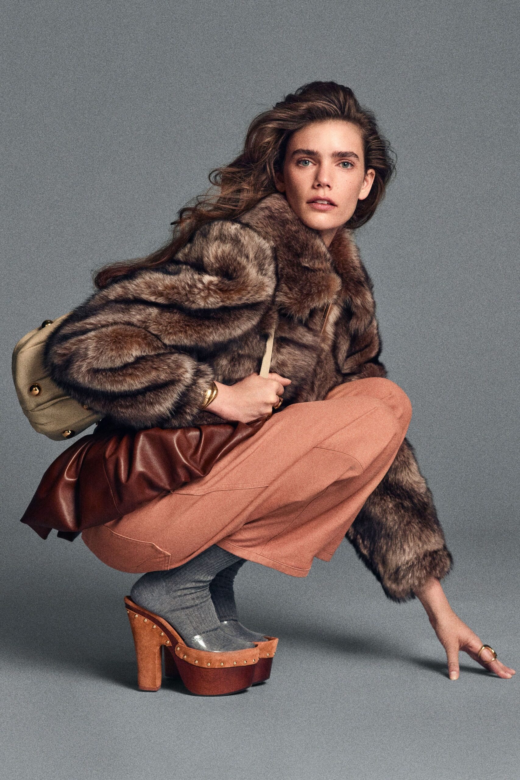 brown faux-fur coat with leather skirt