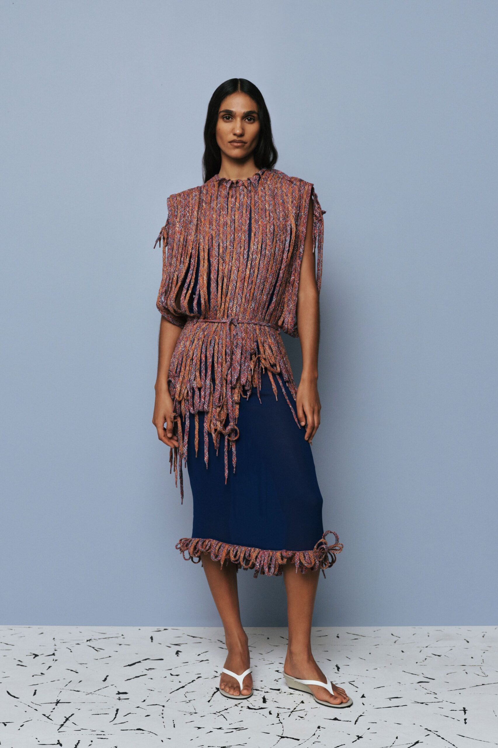 blue cotton sleeveless collared fitted fringed layered dress