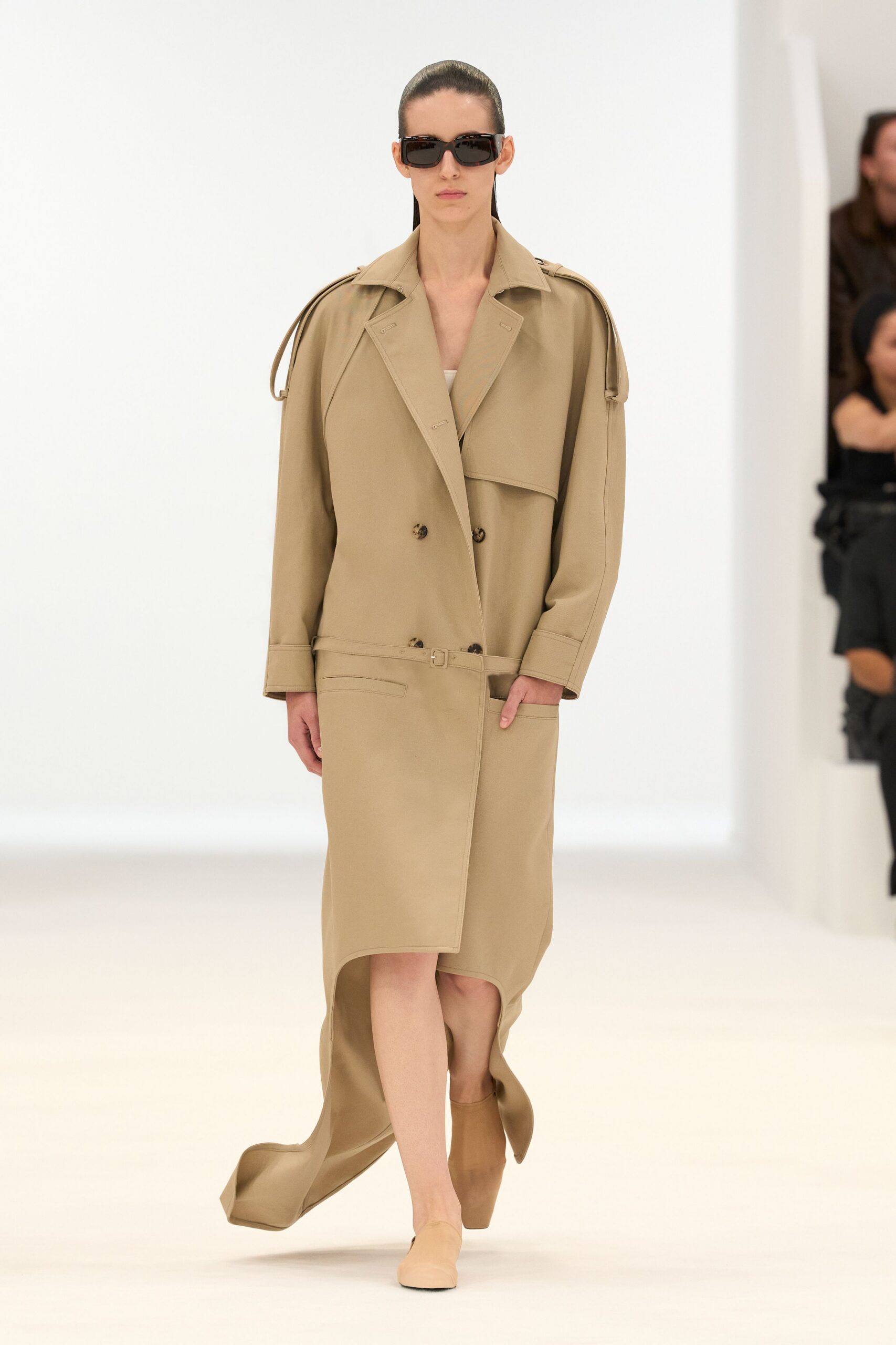 beige cotton long-sleeve collared relaxed belted maxi trench