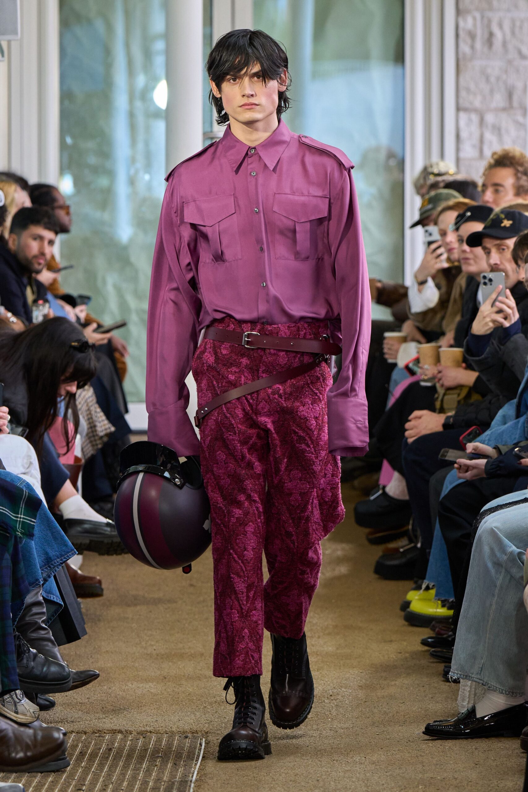 pink shirt purple pants outfit