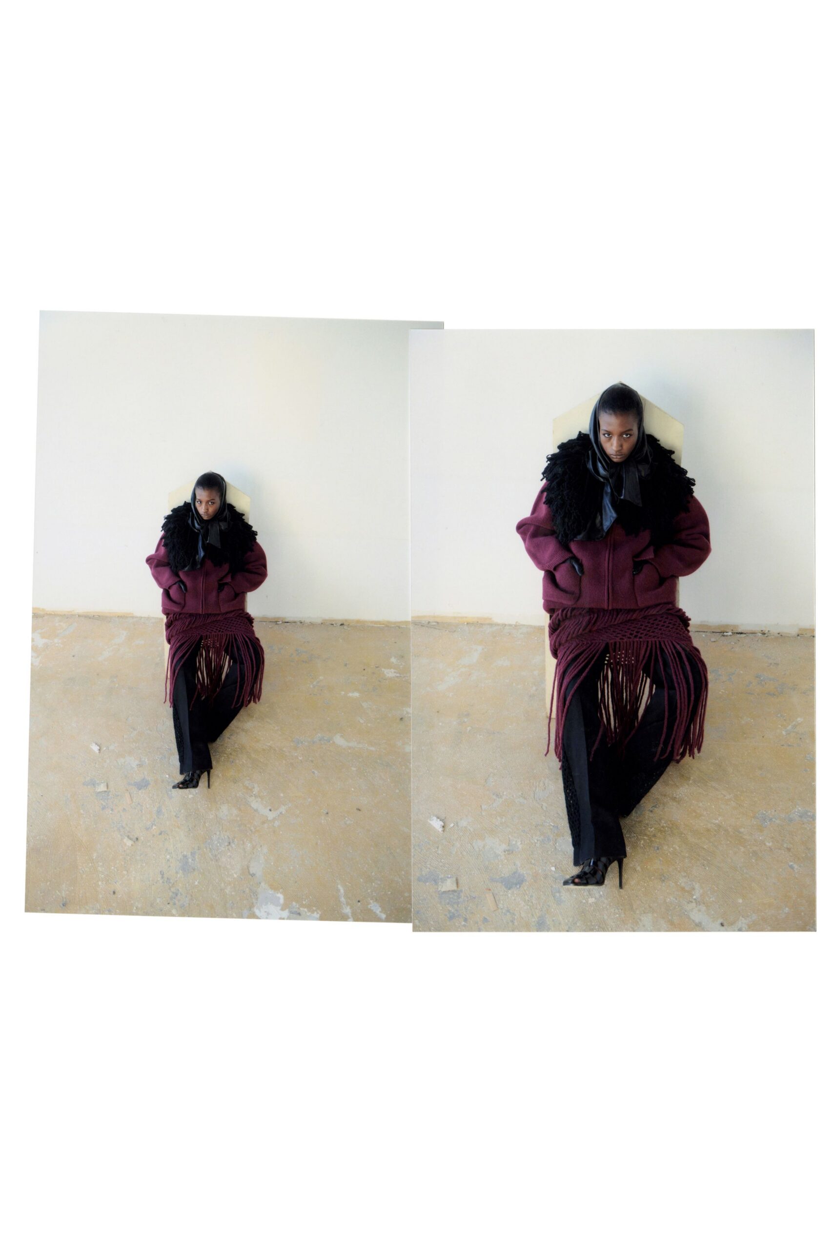 maroon wool long-sleeve collared oversized fringed coat