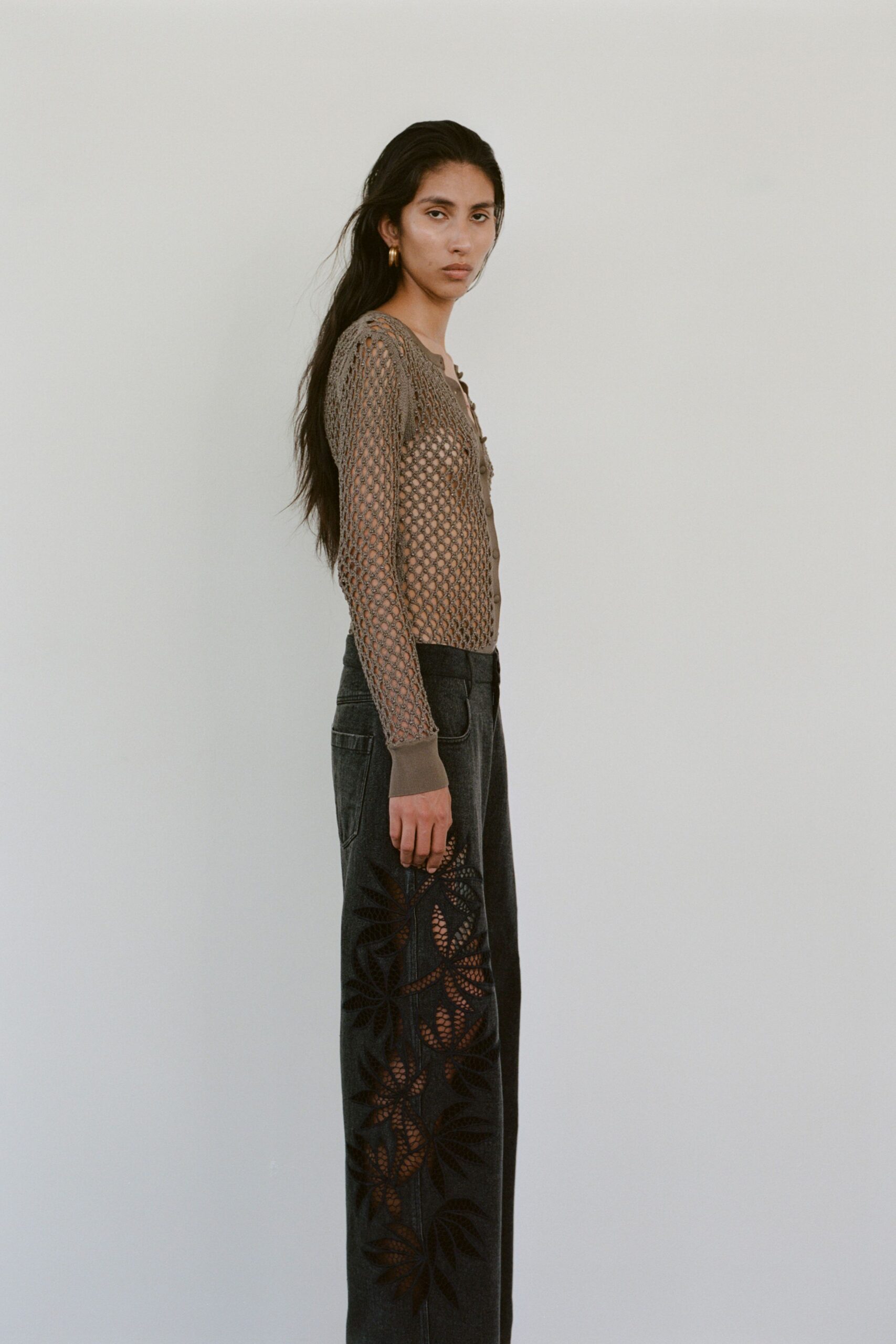 beige mesh long-sleeve collared fitted textured top