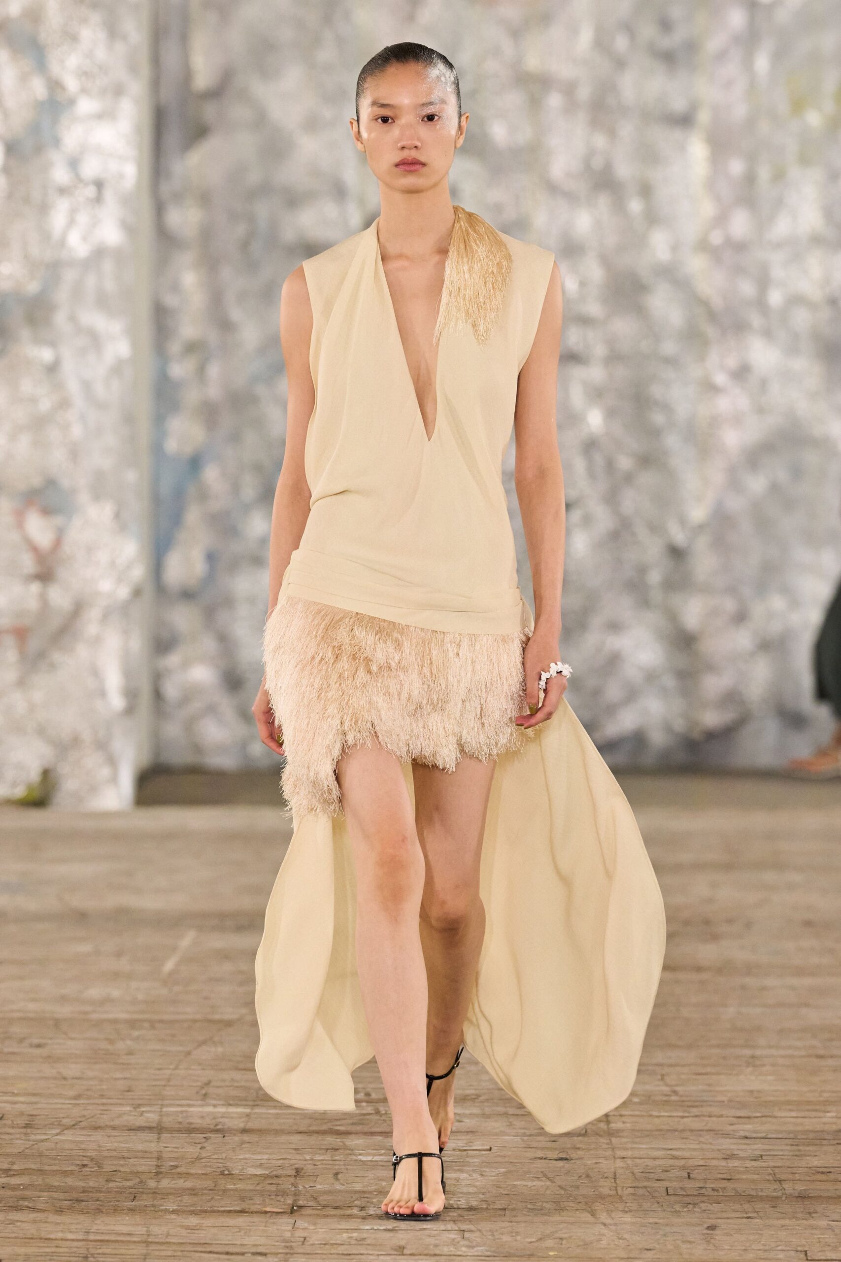 beige silk sleeveless v-neck fitted fringed draped dress