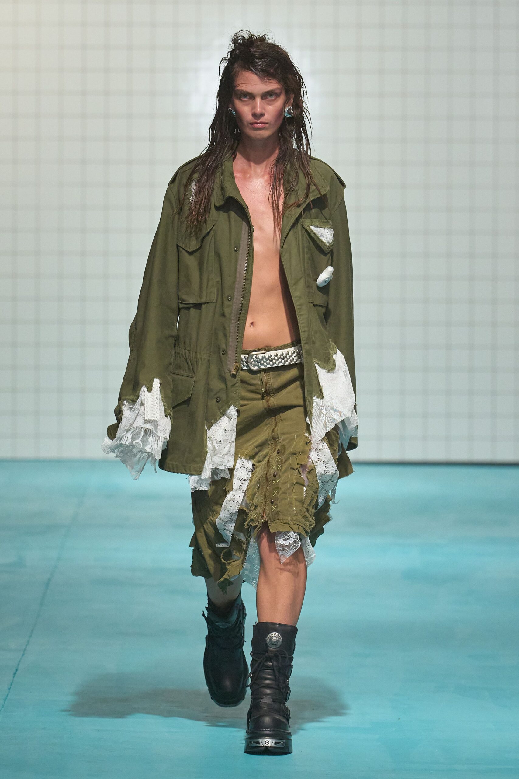 green cotton long-sleeve collared oversized fringed layered jacket