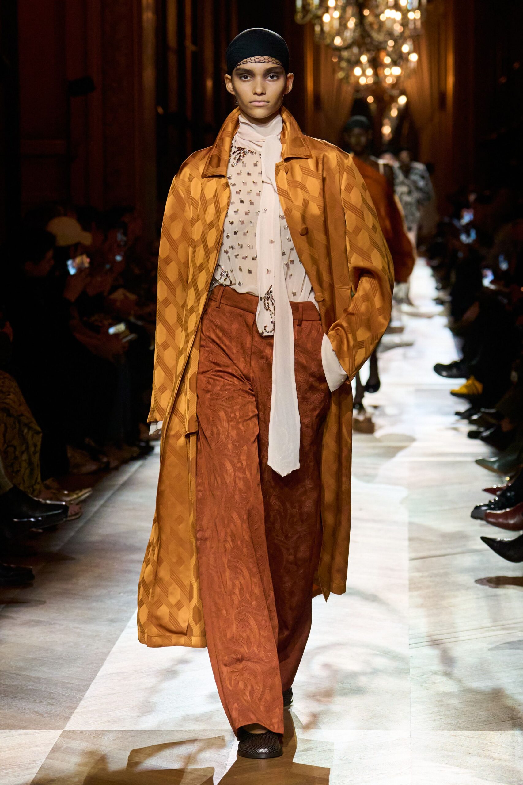 orange silk long-sleeve collared relaxed printed coat