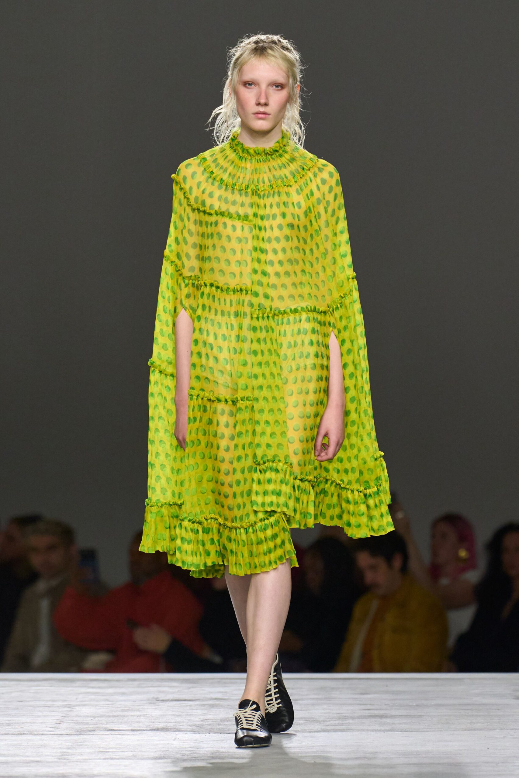 yellow chiffon long-sleeve high-neck relaxed ruffled flared dress