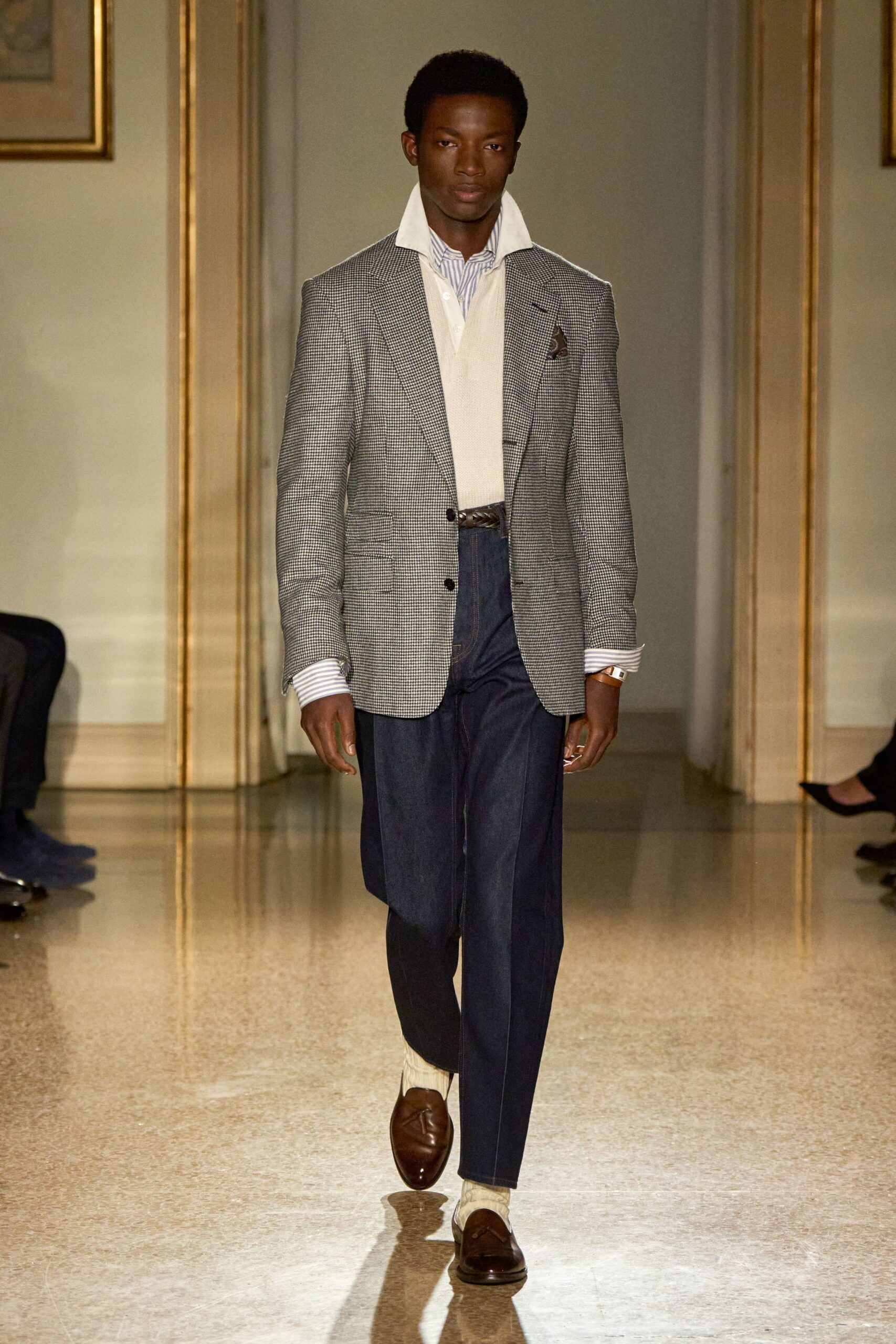 gray tailored blazer with beige sweater