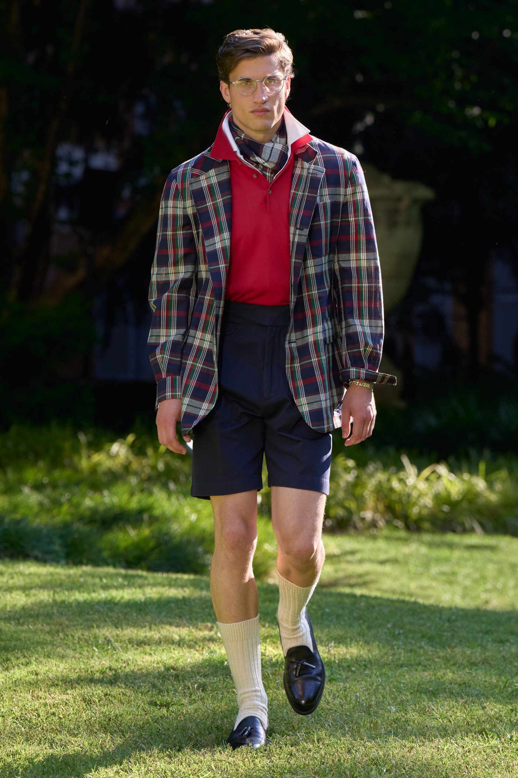 multi checked blazer with red top