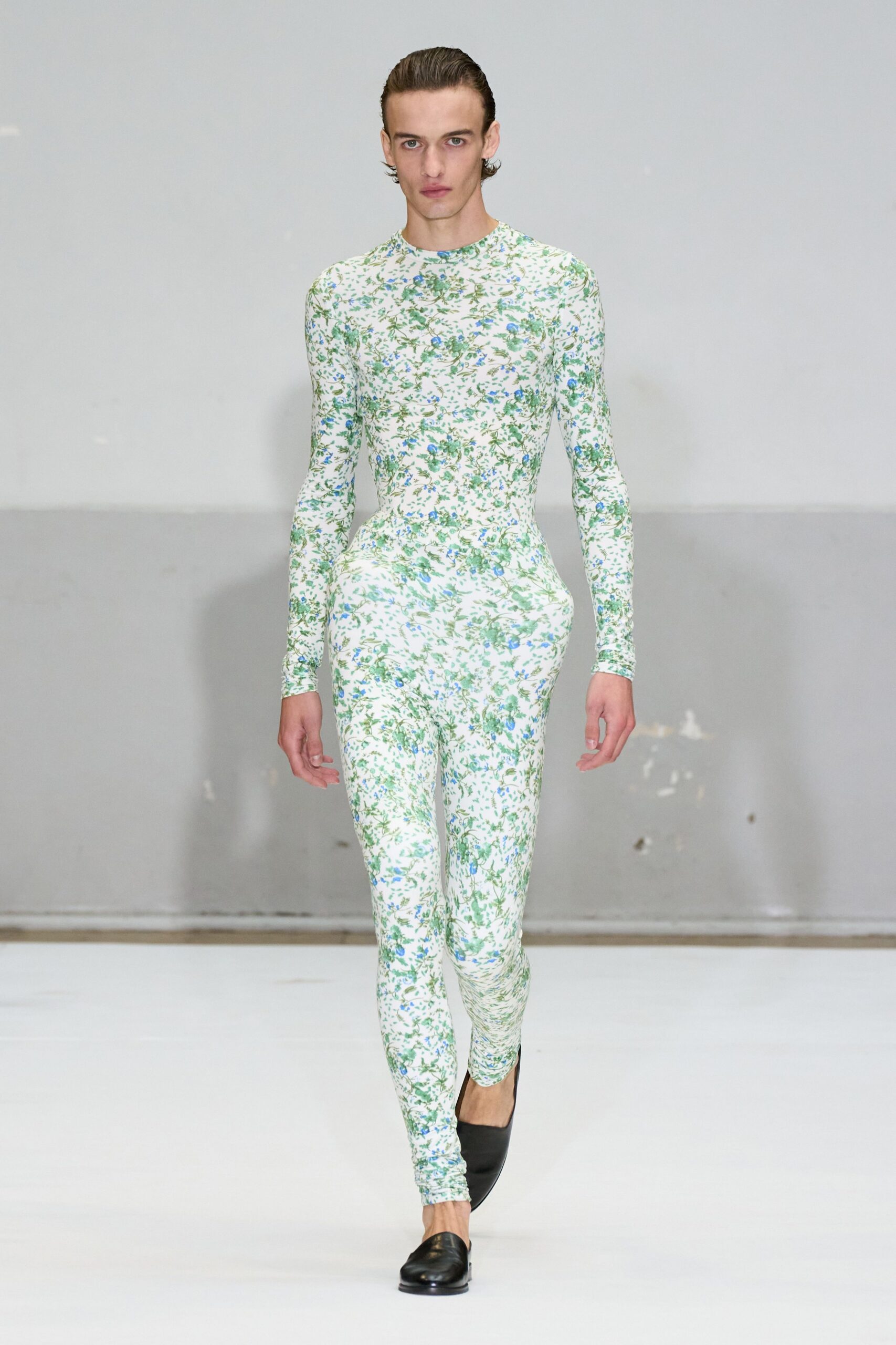 green cotton long-sleeve high-neck fitted floral catsuit