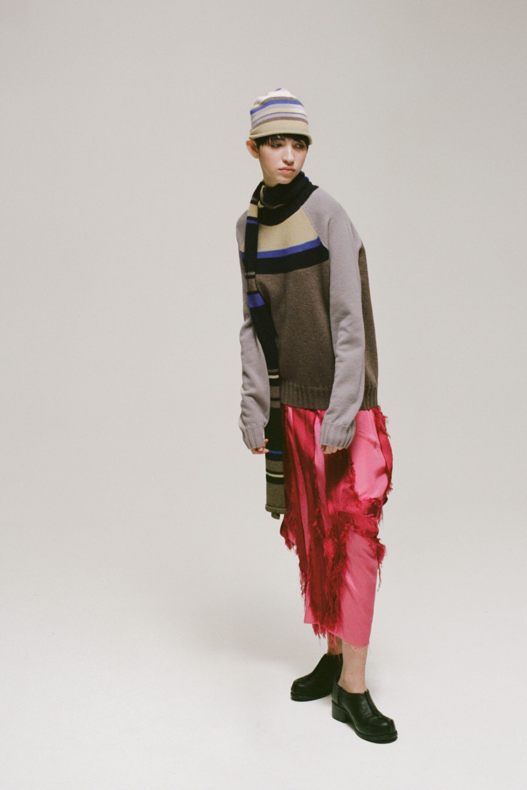 gray wool long-sleeve high-neck relaxed layered sweater