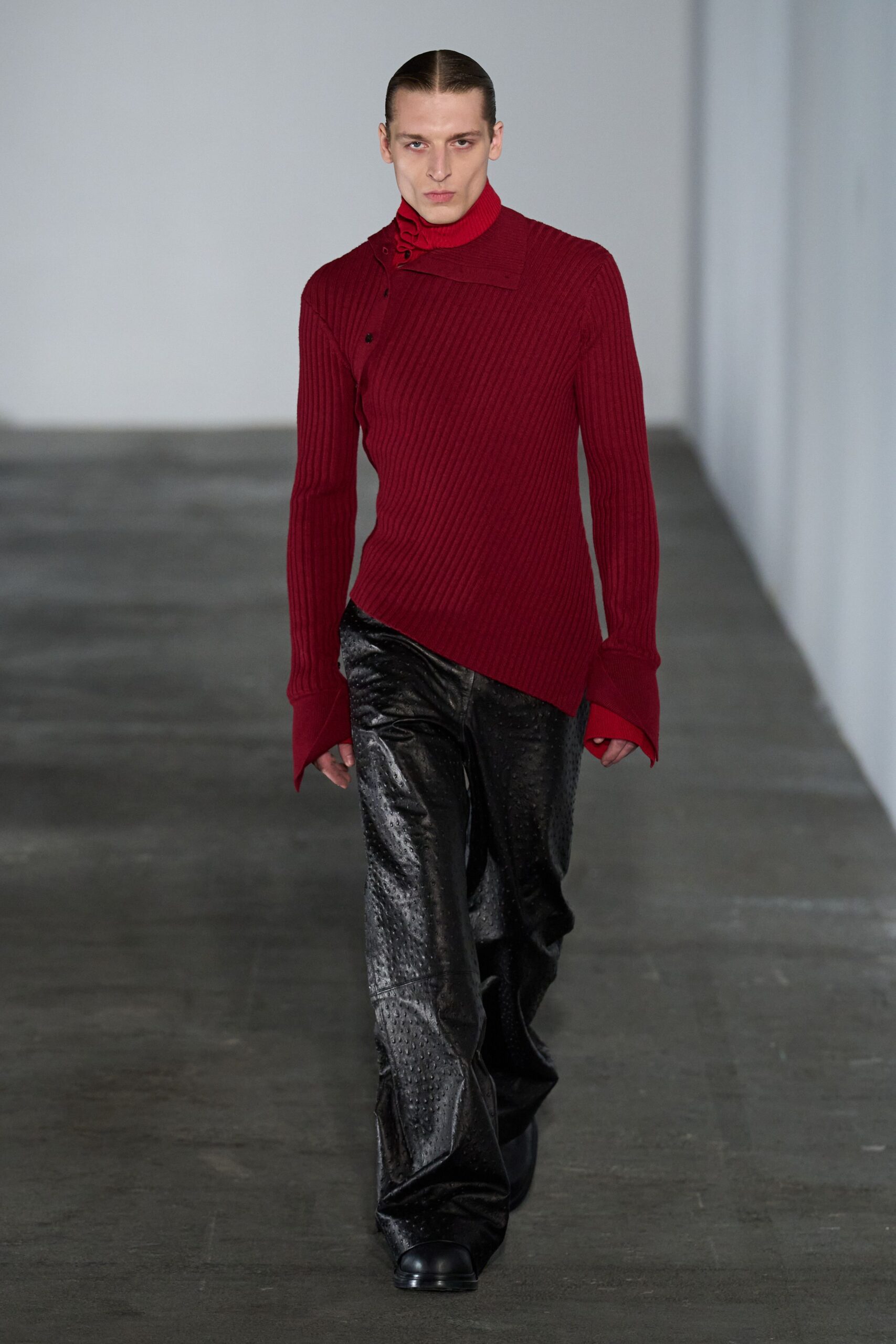 red wool long-sleeve high-neck fitted ribbed top