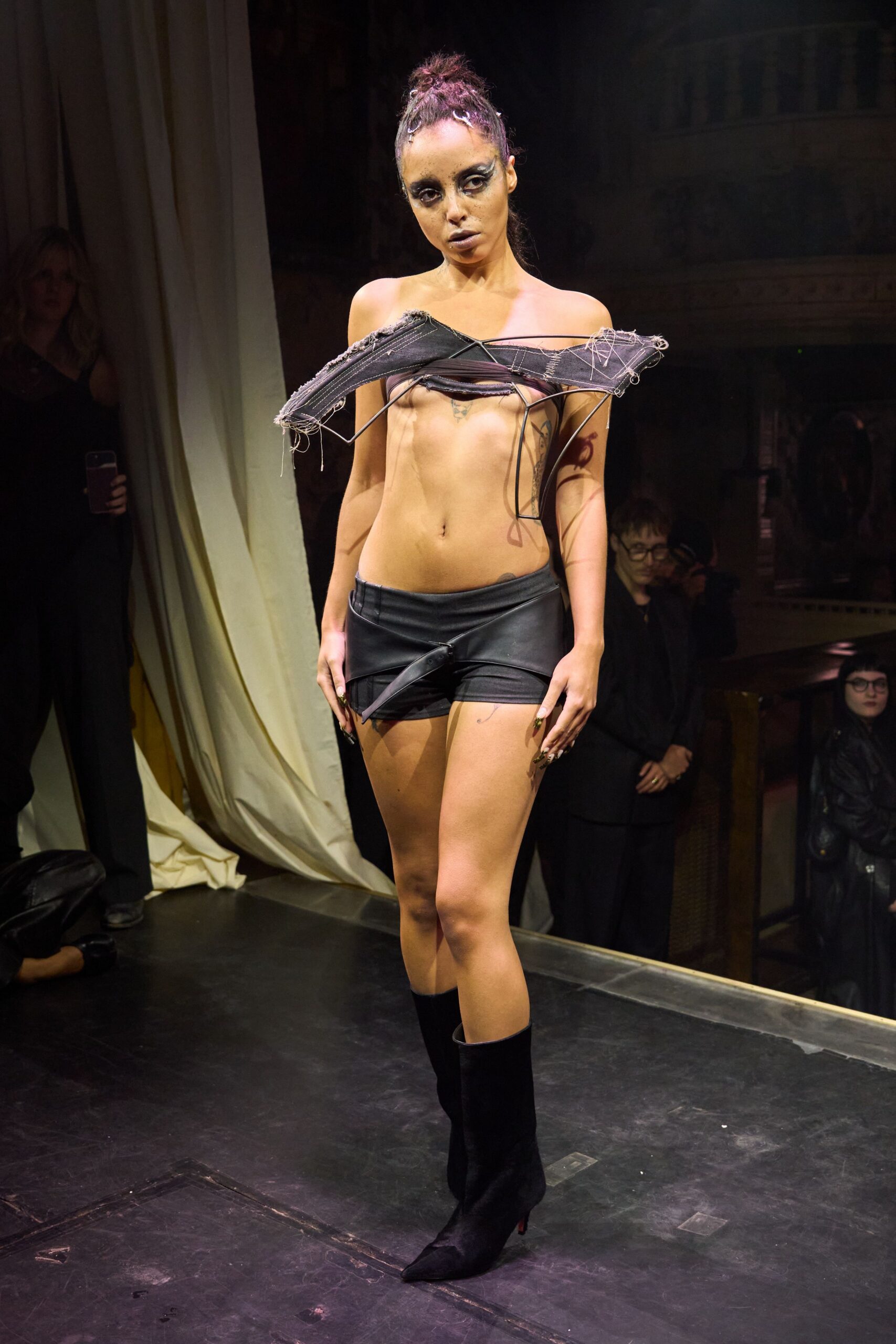 black silk sleeveless off-shoulder fitted draped top