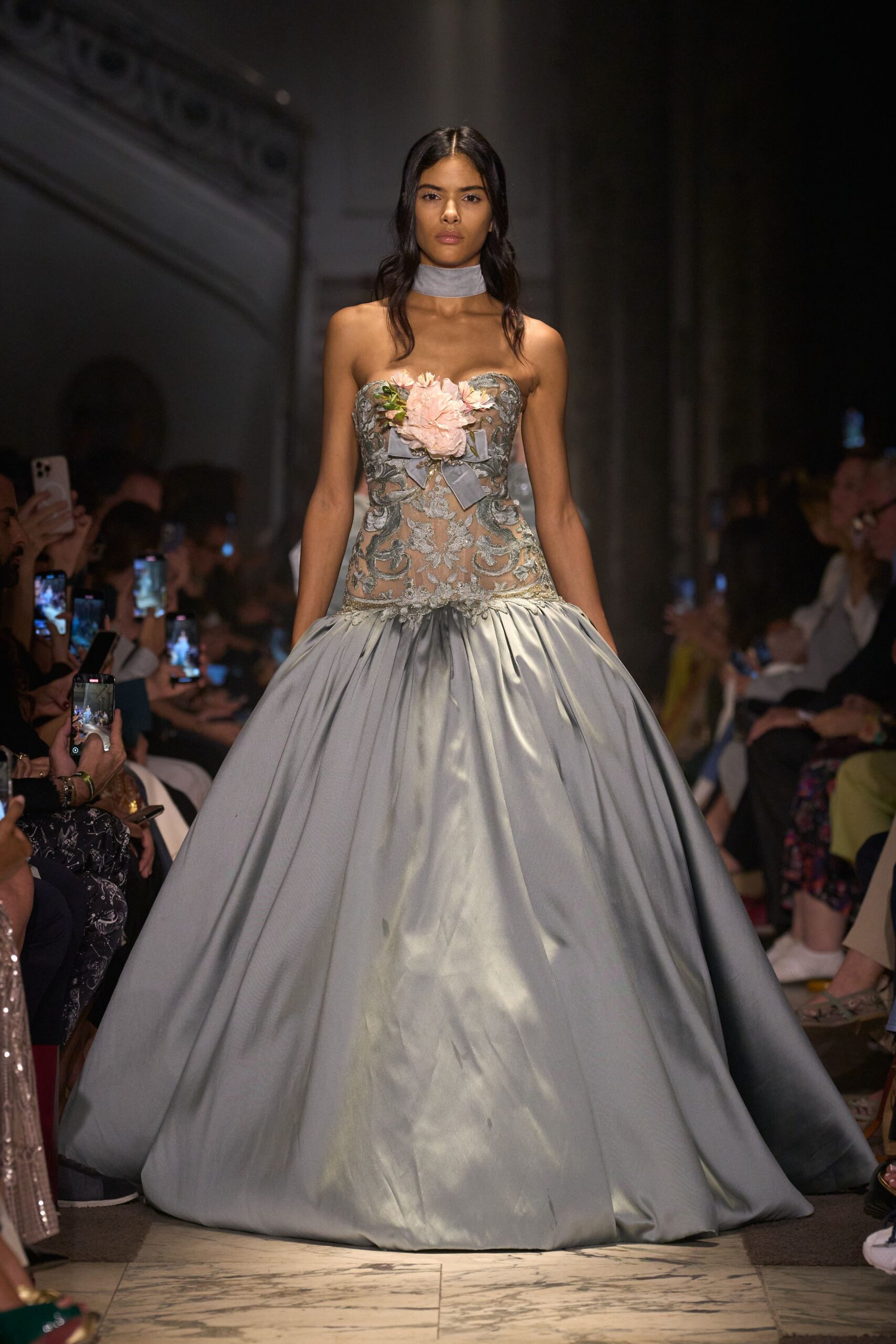 blue silk strapless gown