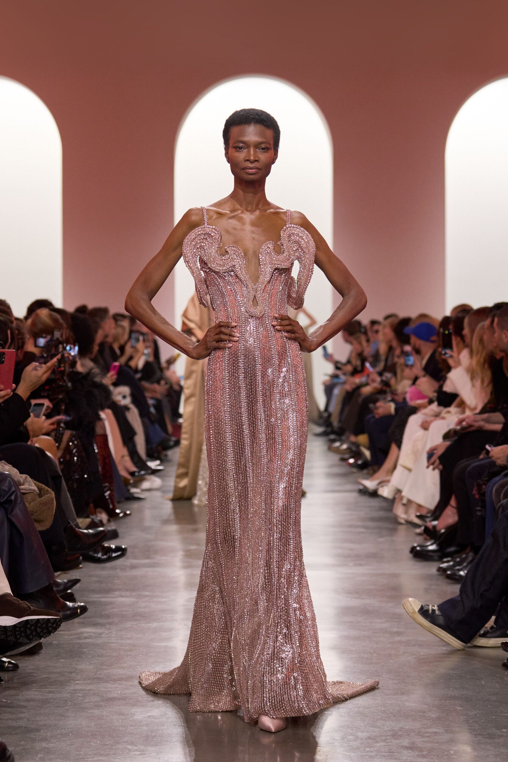 fitted pink beaded gown