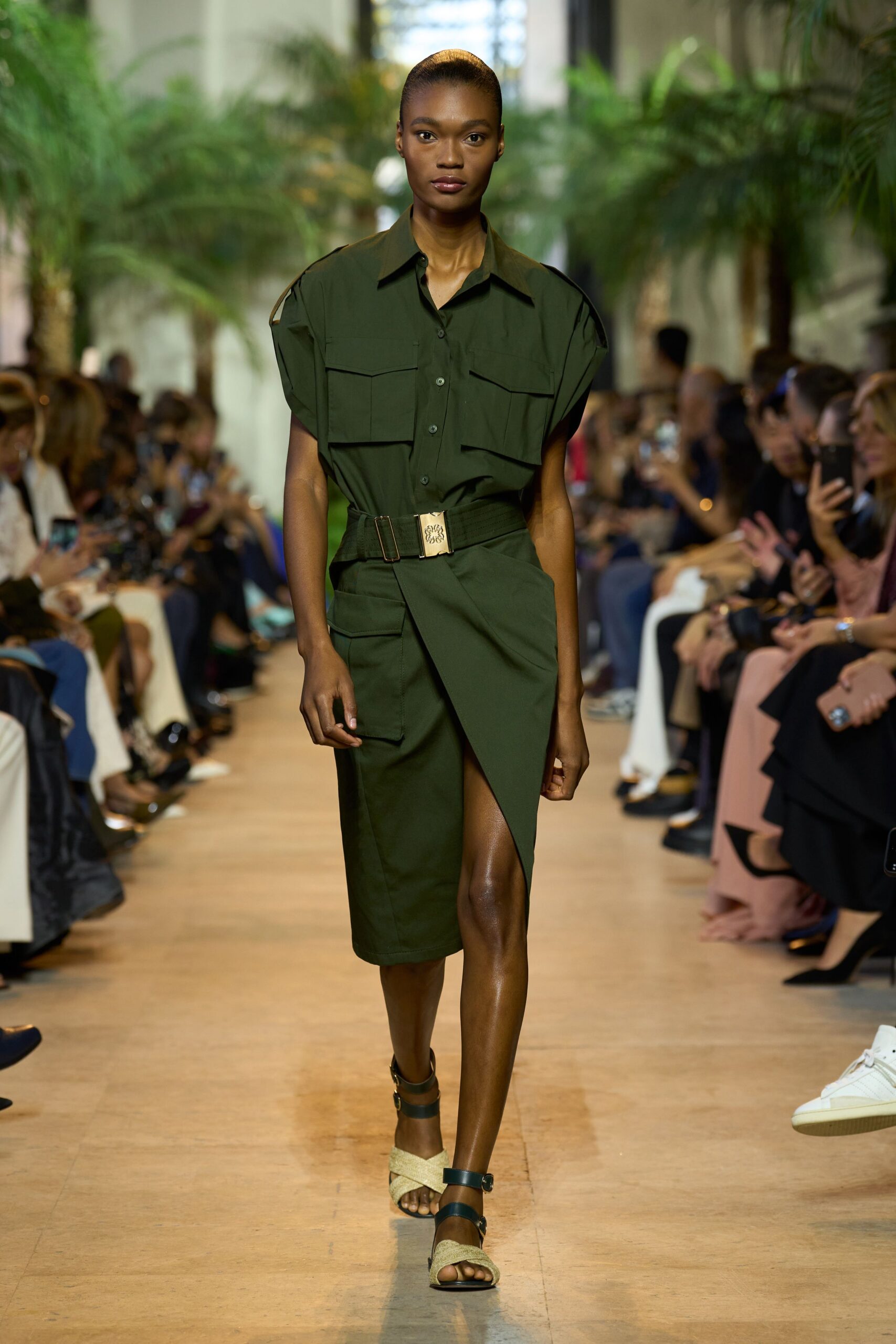 green cotton short-sleeve collared relaxed buttoned belted shirt-dress