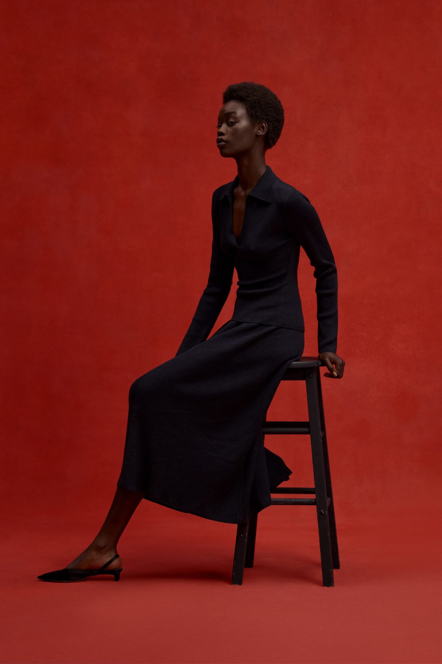black wool long-sleeve v-neck fitted straight-leg midi dress